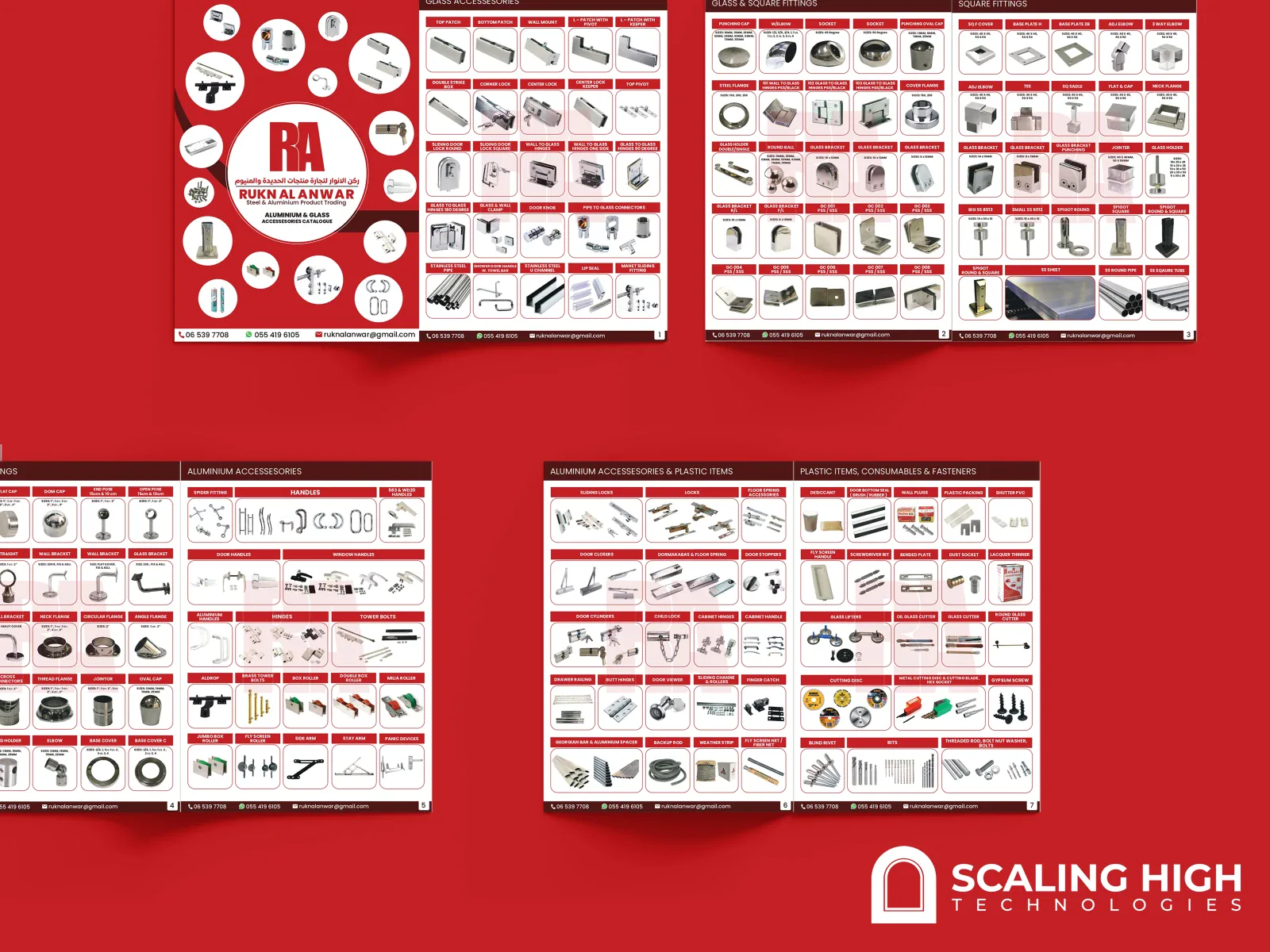 Catalog spread showing hand rail fittings alongside an aluminium accessories and handles page.