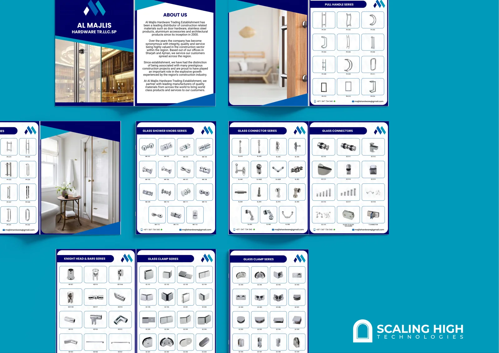 Catalog spread showing glass door patches, connectors and clamps in a labeled product grid.