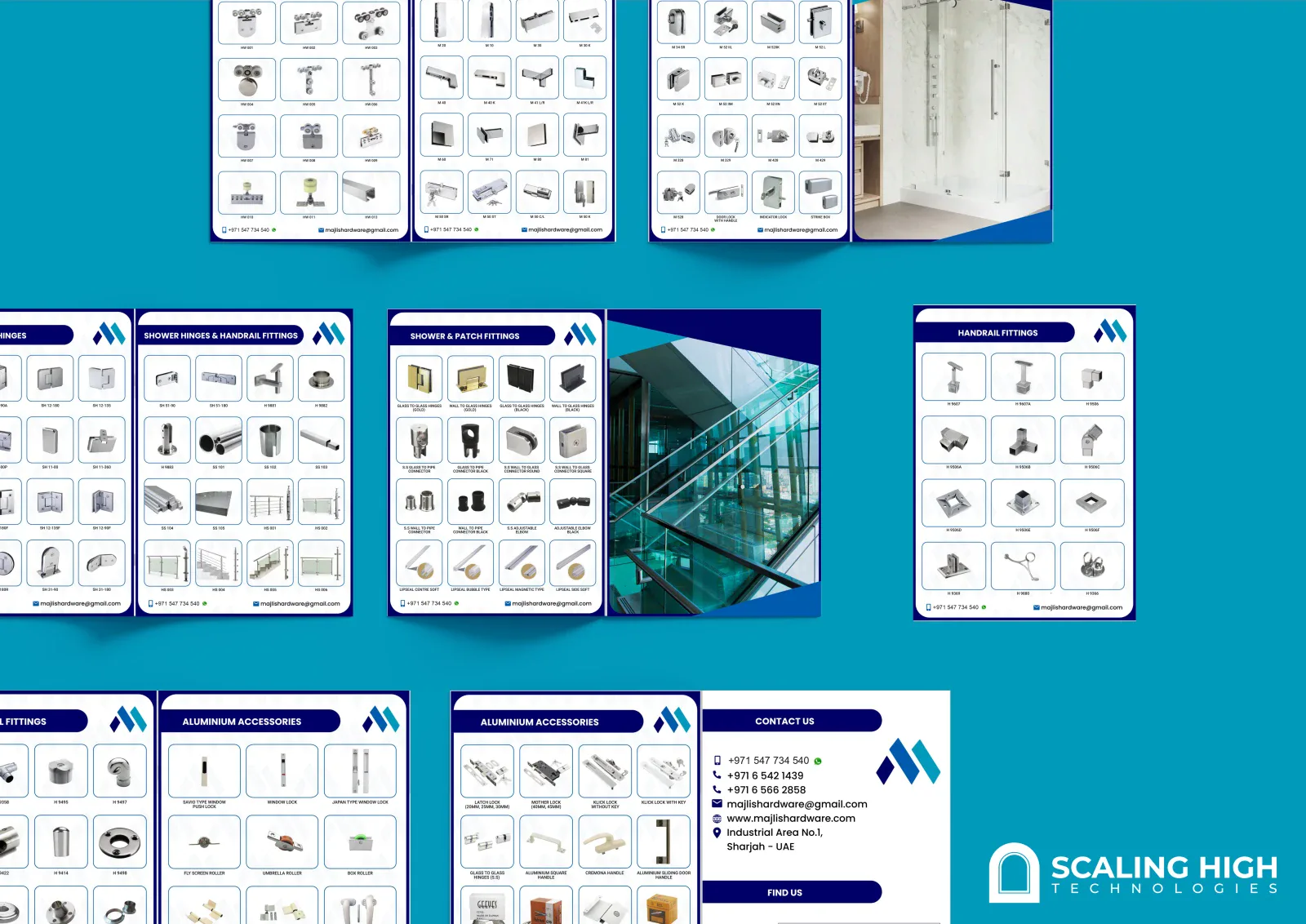 Catalog spread showing pull handles, shower door fittings and hand rail accessories.