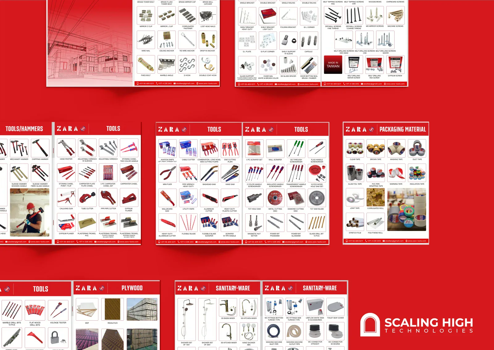 Catalog spread showing hand tools next to a paint brands page (Fevicol, National Paints) and a sanitary ware products page.