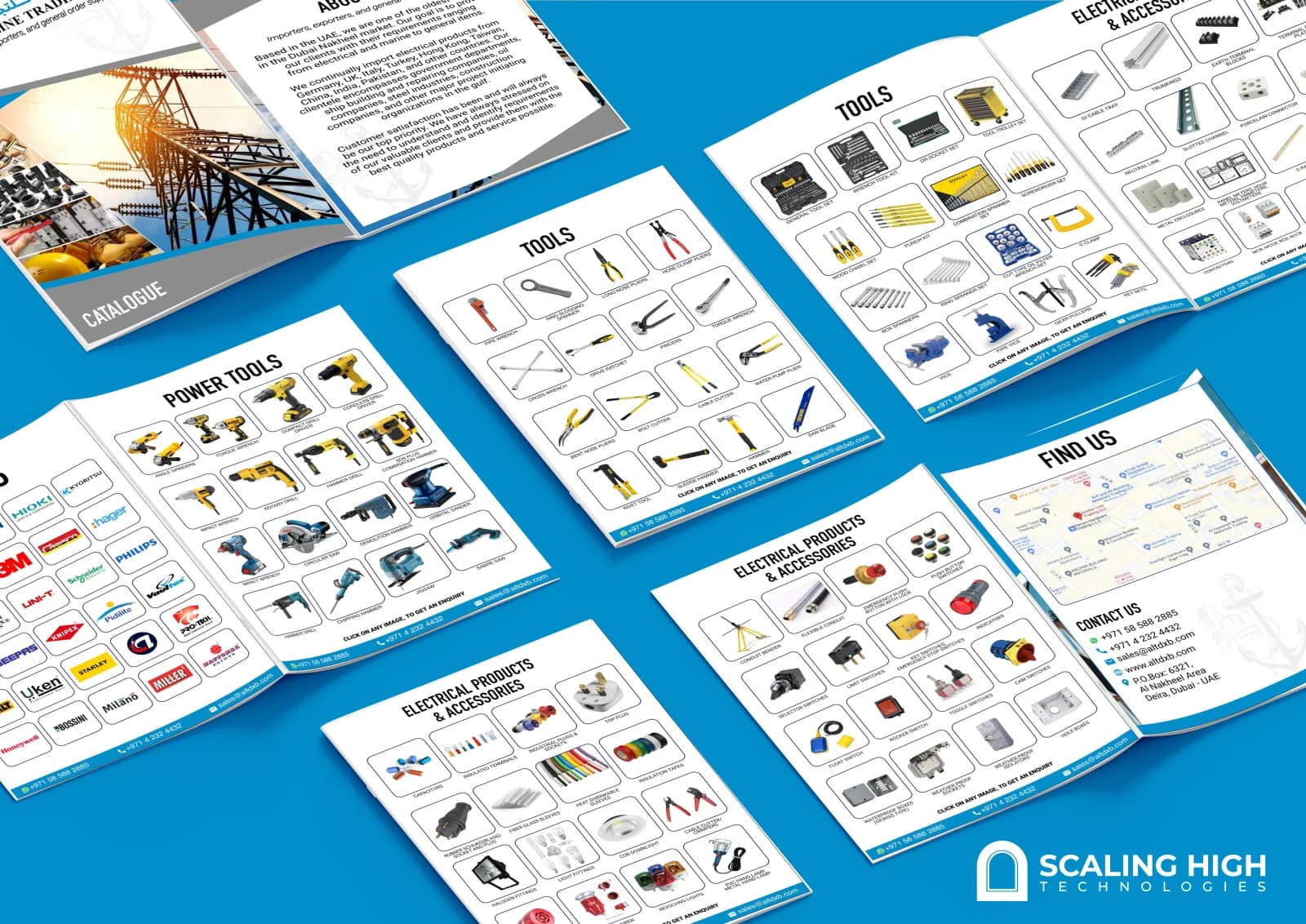 Product catalog cover and about page for an electrical products and tools supplier.