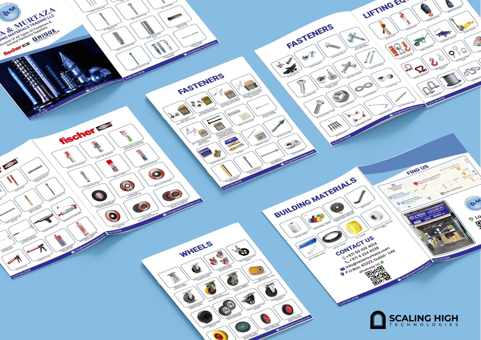 Product catalog cover for a fasteners and general hardware stockist, featuring anchor bolts and screws against a dark background, with Fischer and Unique Fastening System brand logos.