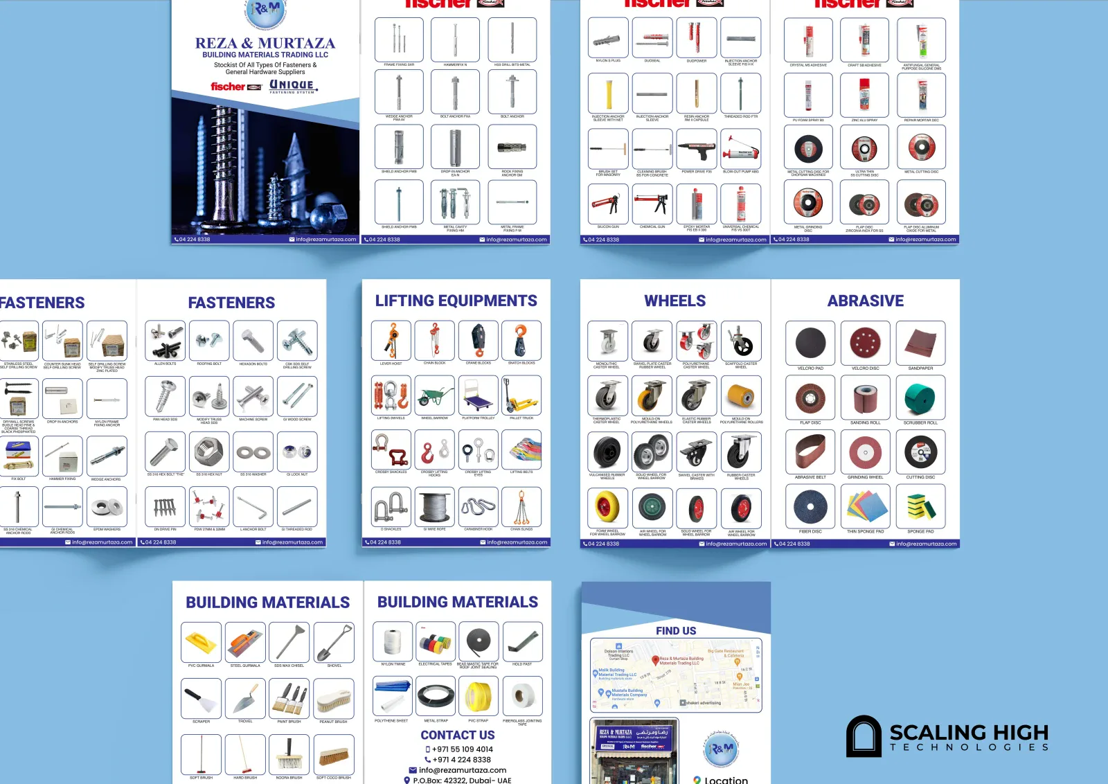 Catalog spread showing fastener products (bolts, anchors, adhesives) alongside a lifting equipment and caster wheels page.