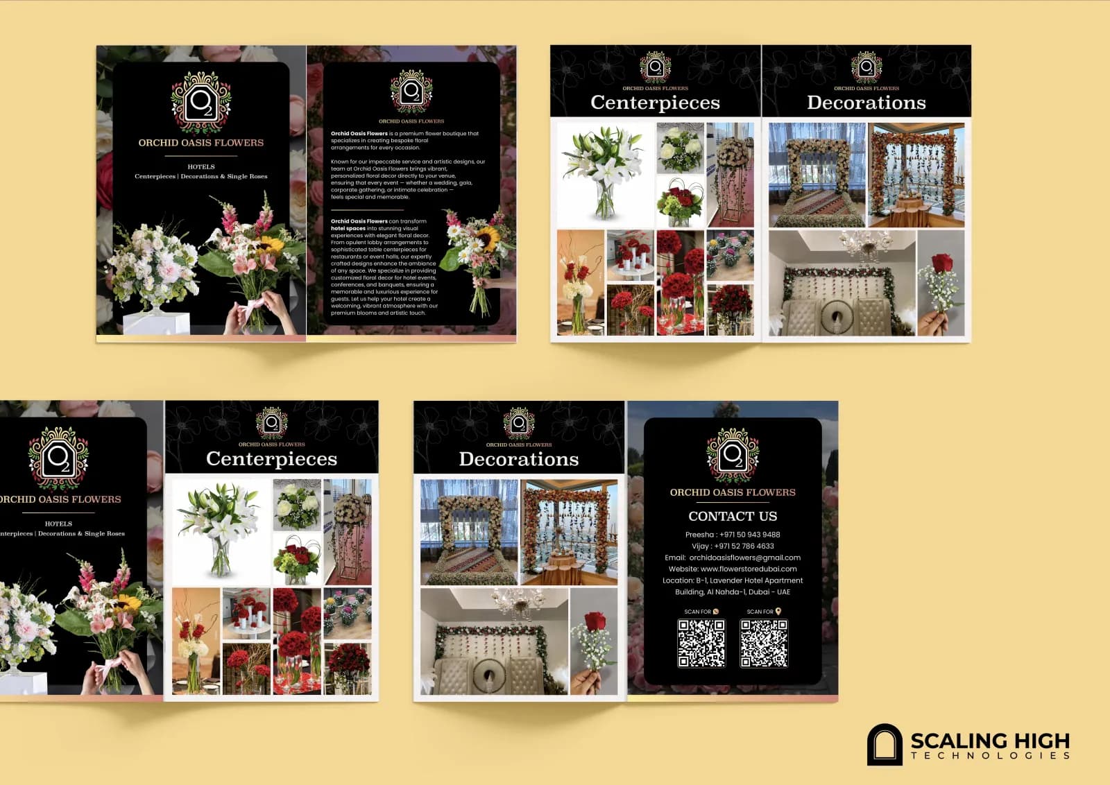 Catalog spread showing floral centerpieces (lilies, roses, mixed arrangements) alongside a wedding and event decorations page with floral archways.