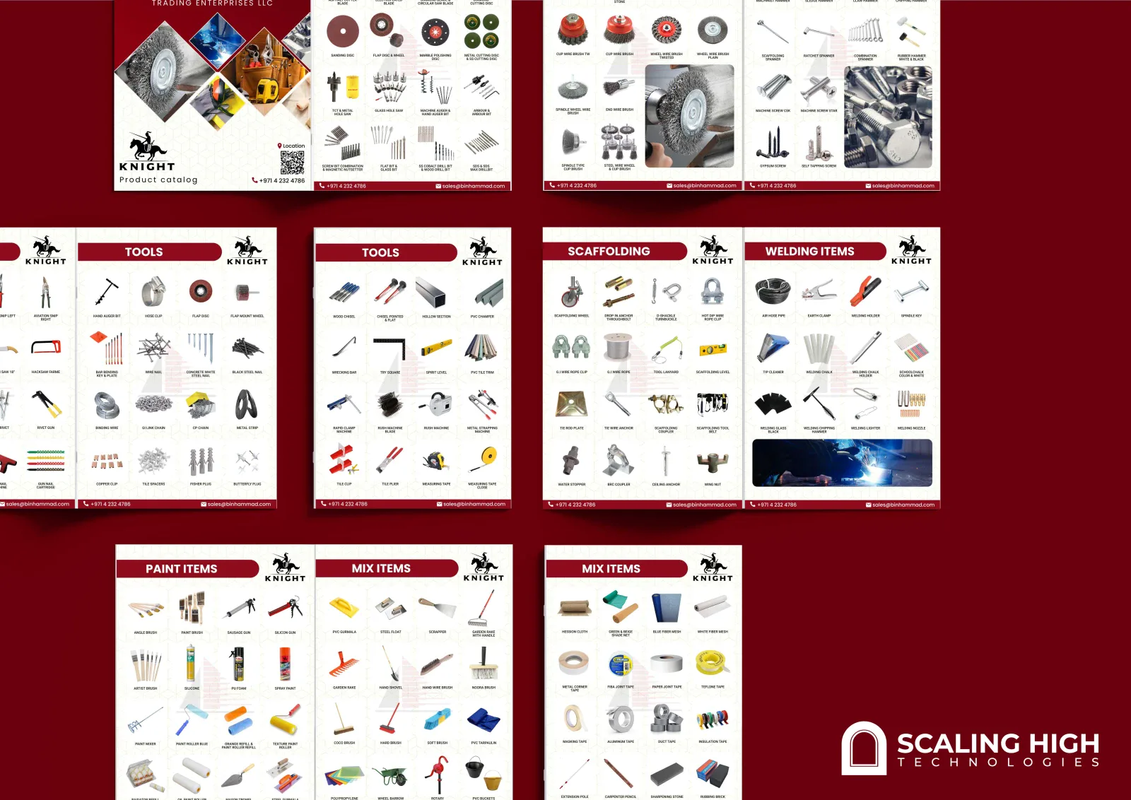 Catalog spread showing cutting discs, wire brushes and hand tools alongside a page of fasteners in a labeled product grid.