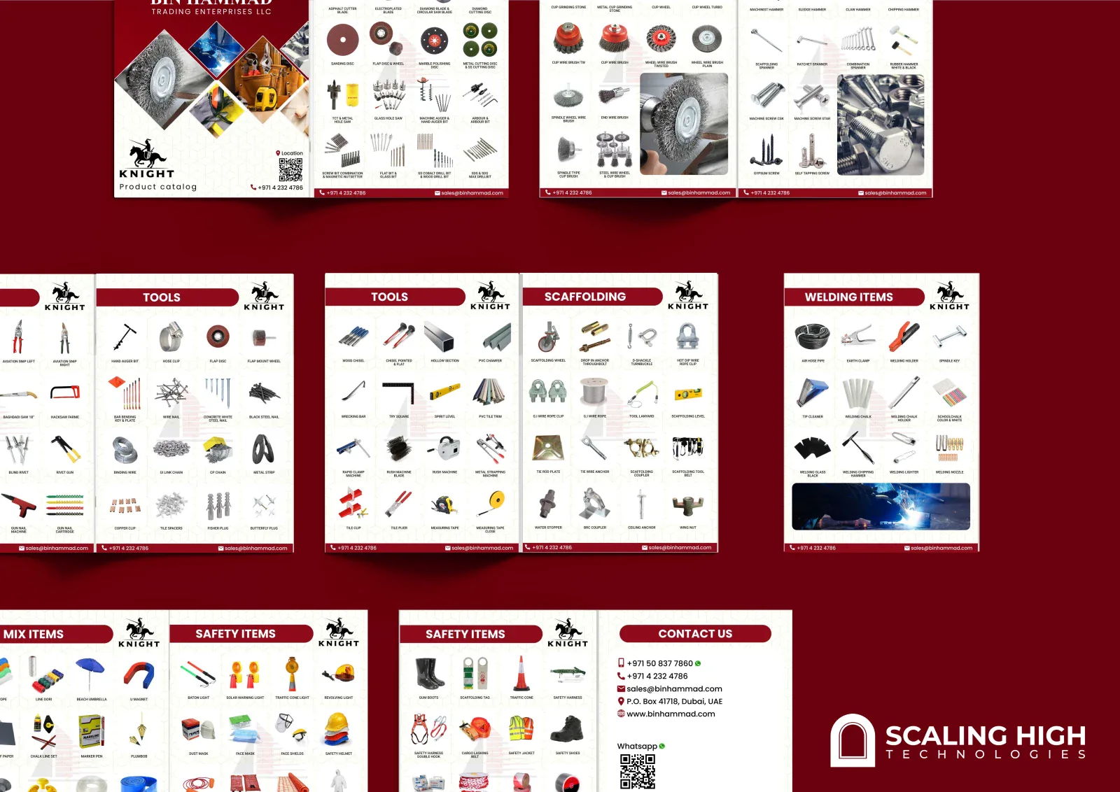 Catalog spread showing scaffolding components and welding items next to a page of safety and paint products.