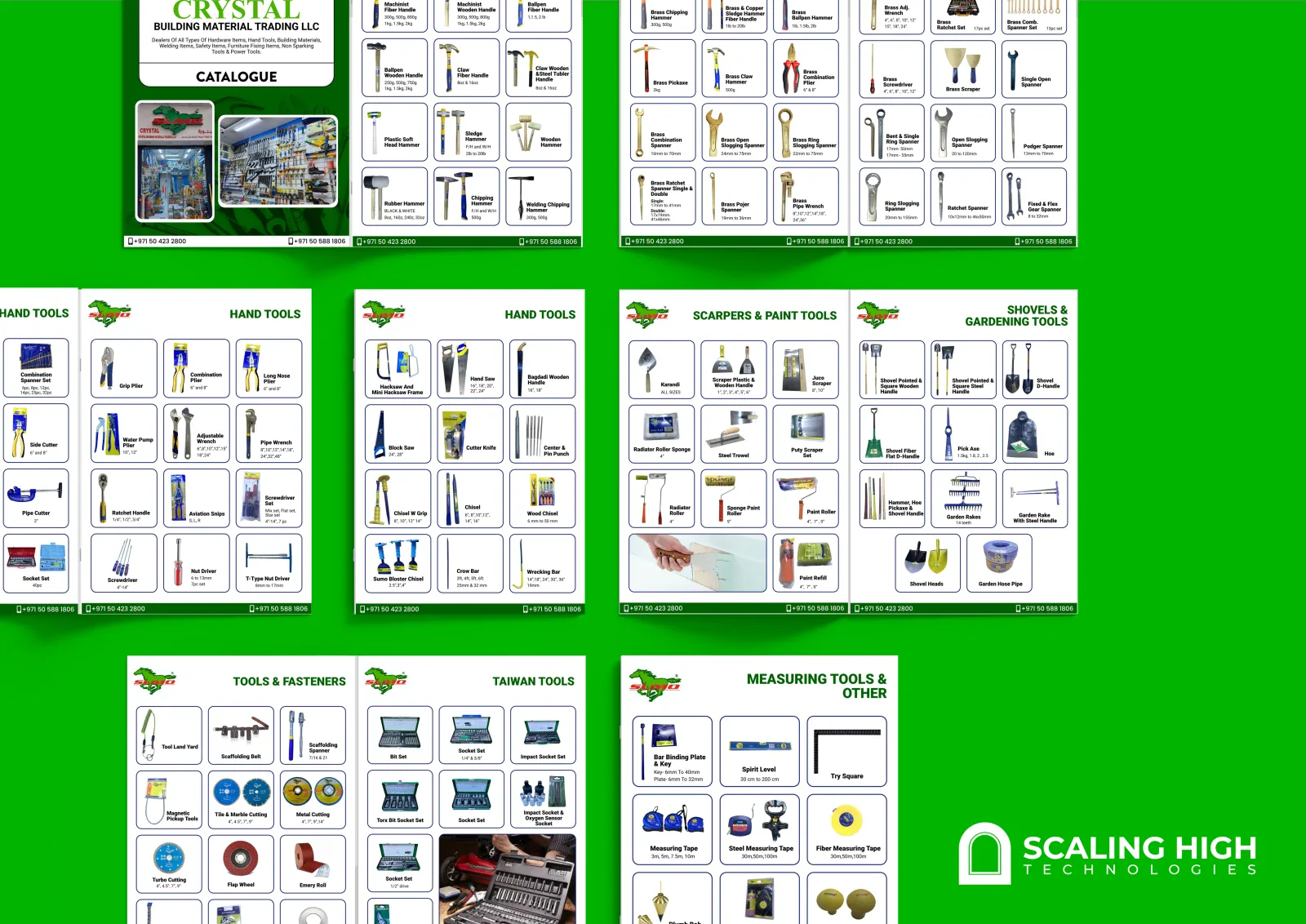 Catalog spread with a labeled grid of hand tools including hammers, saws, spanners and wrenches.