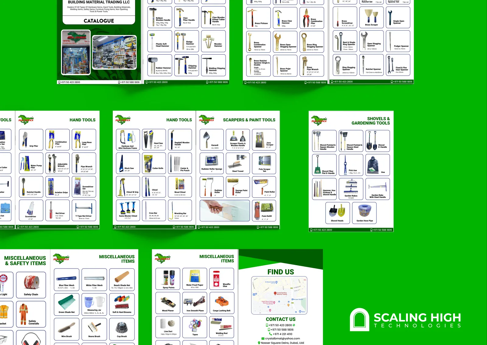 Catalog spread showing additional hand tool products alongside a page of hardware brand partner logos.