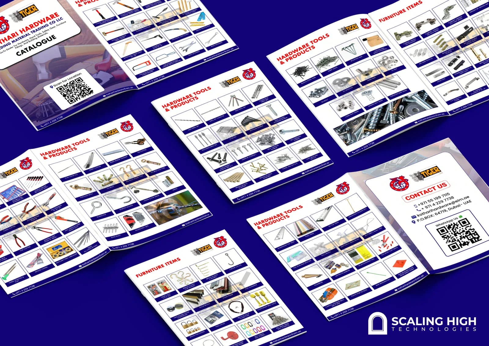 Product catalog cover for a hardware, hand tools and furniture fittings retailer, branded under the Tiger product line with a construction tools background image.
