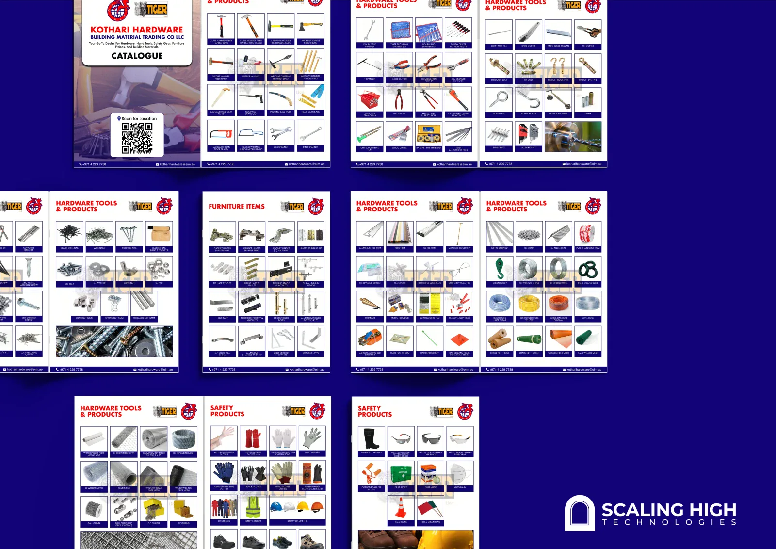 Catalog spread showing hand tools and fasteners (nails, screws, washers) alongside a furniture hinges and cabinet hardware page.