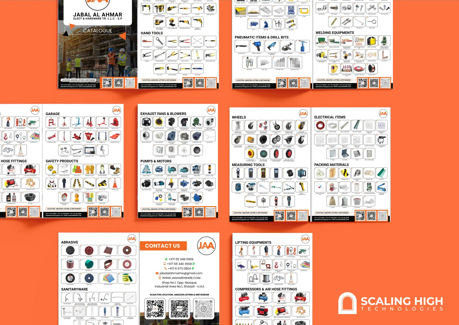 Catalog spread showing power tools, hand tools and fasteners in a labeled product grid.