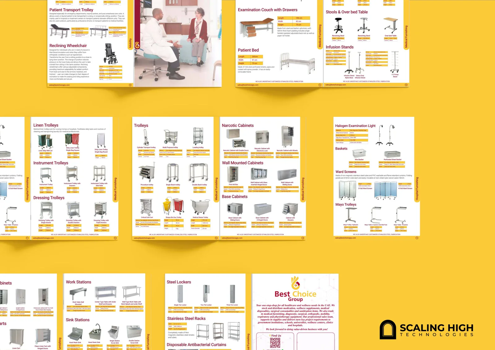Catalog spread showing mobility aids and hospital furnishing products.