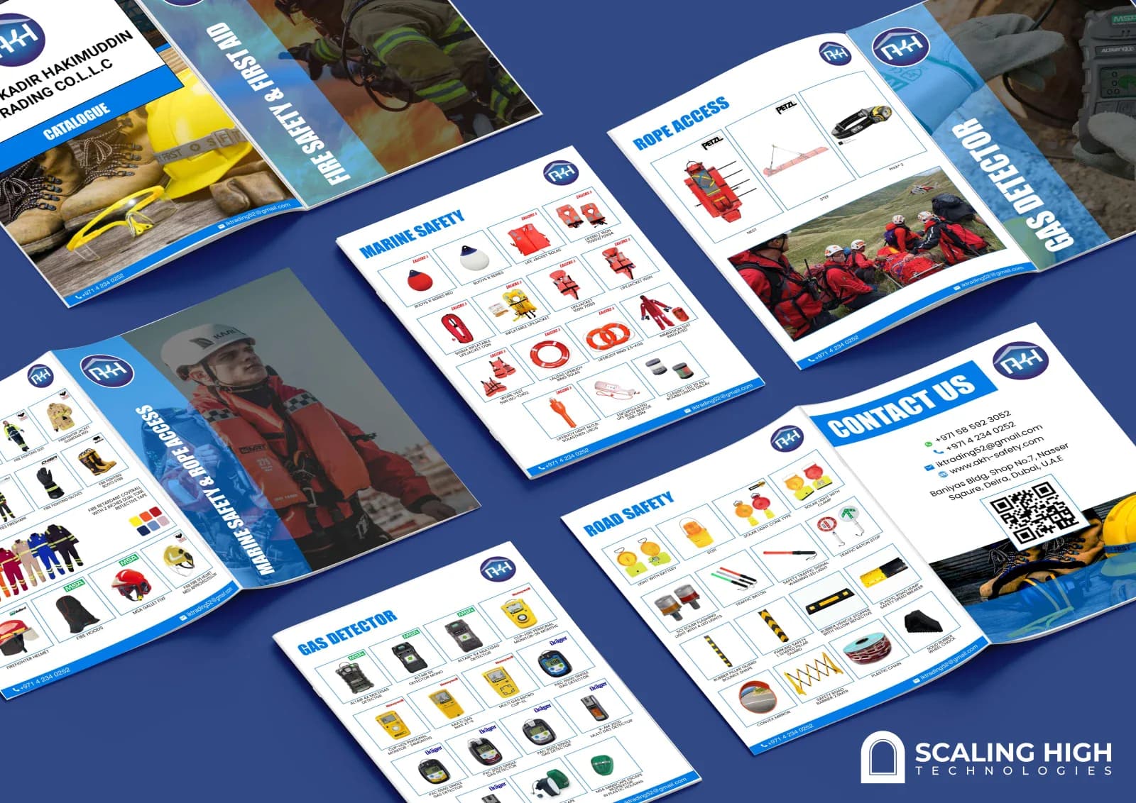 Product catalog cover for an industrial safety equipment and PPE supplier, featuring a hexagonal grid of safety gear photos and partner brand logos.