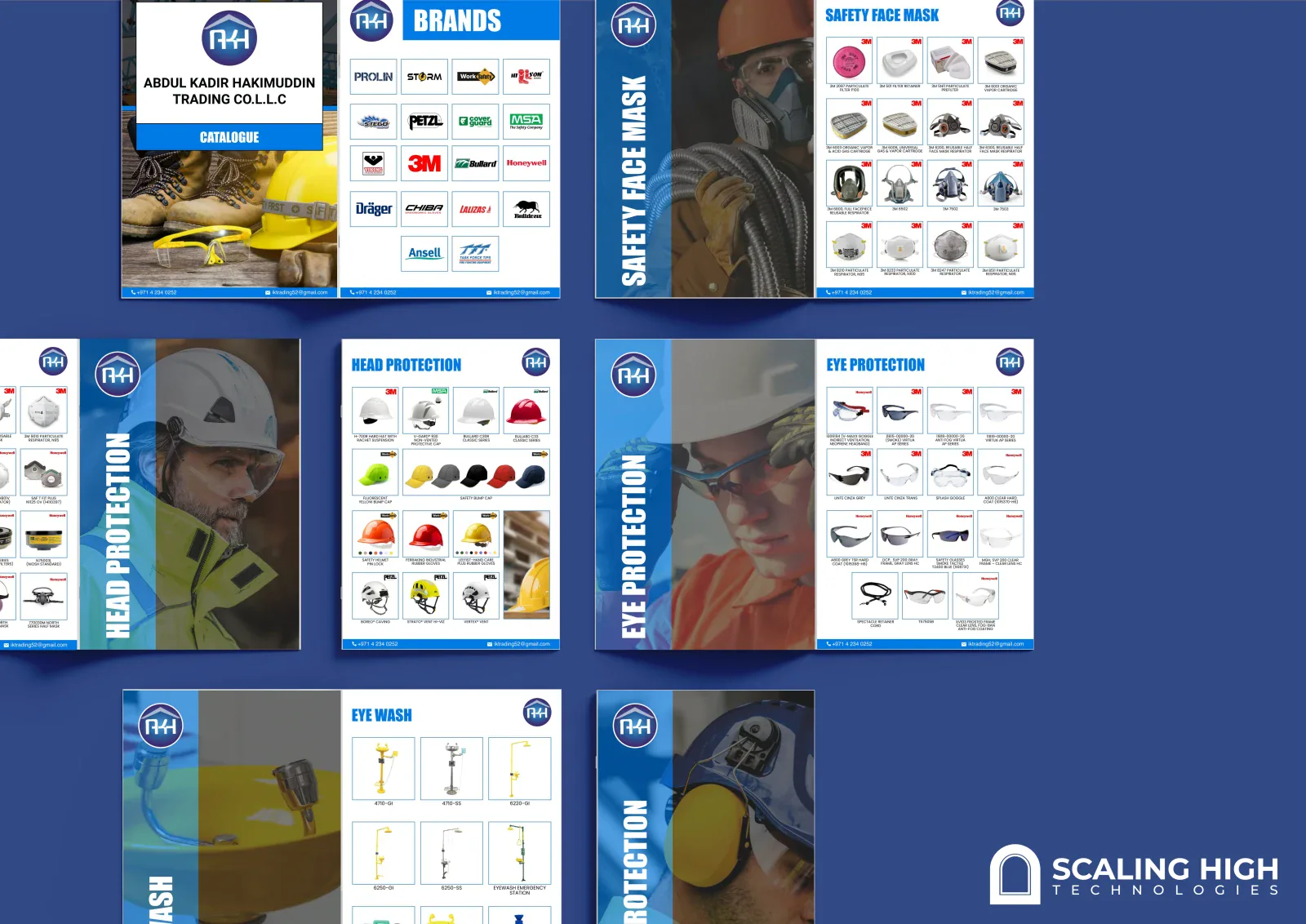 Catalog spread showing fire safety and marine safety equipment alongside a rope access and gas detection products page.