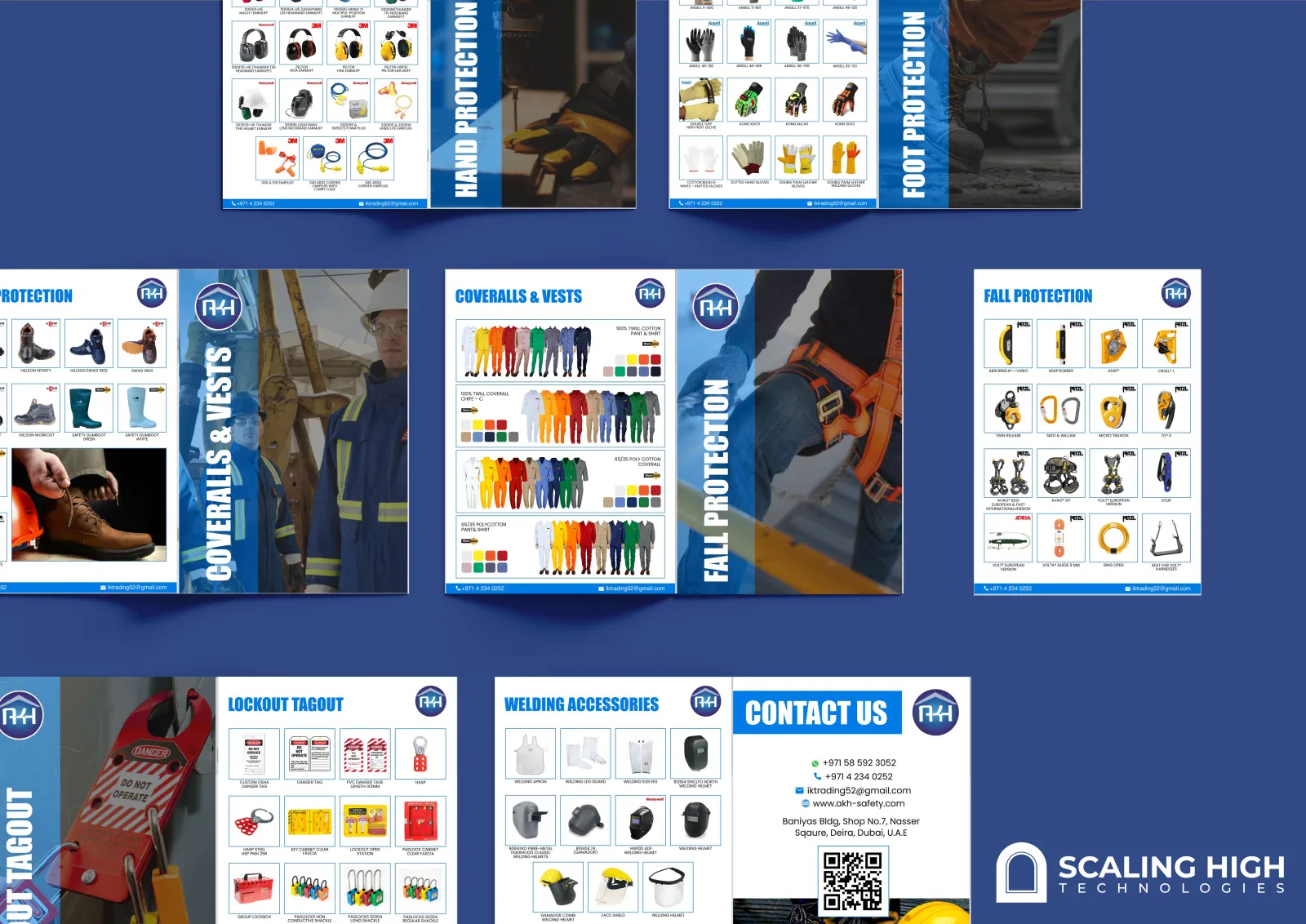 Catalog spread showing head, eye and hand protection PPE items in a labeled product grid.