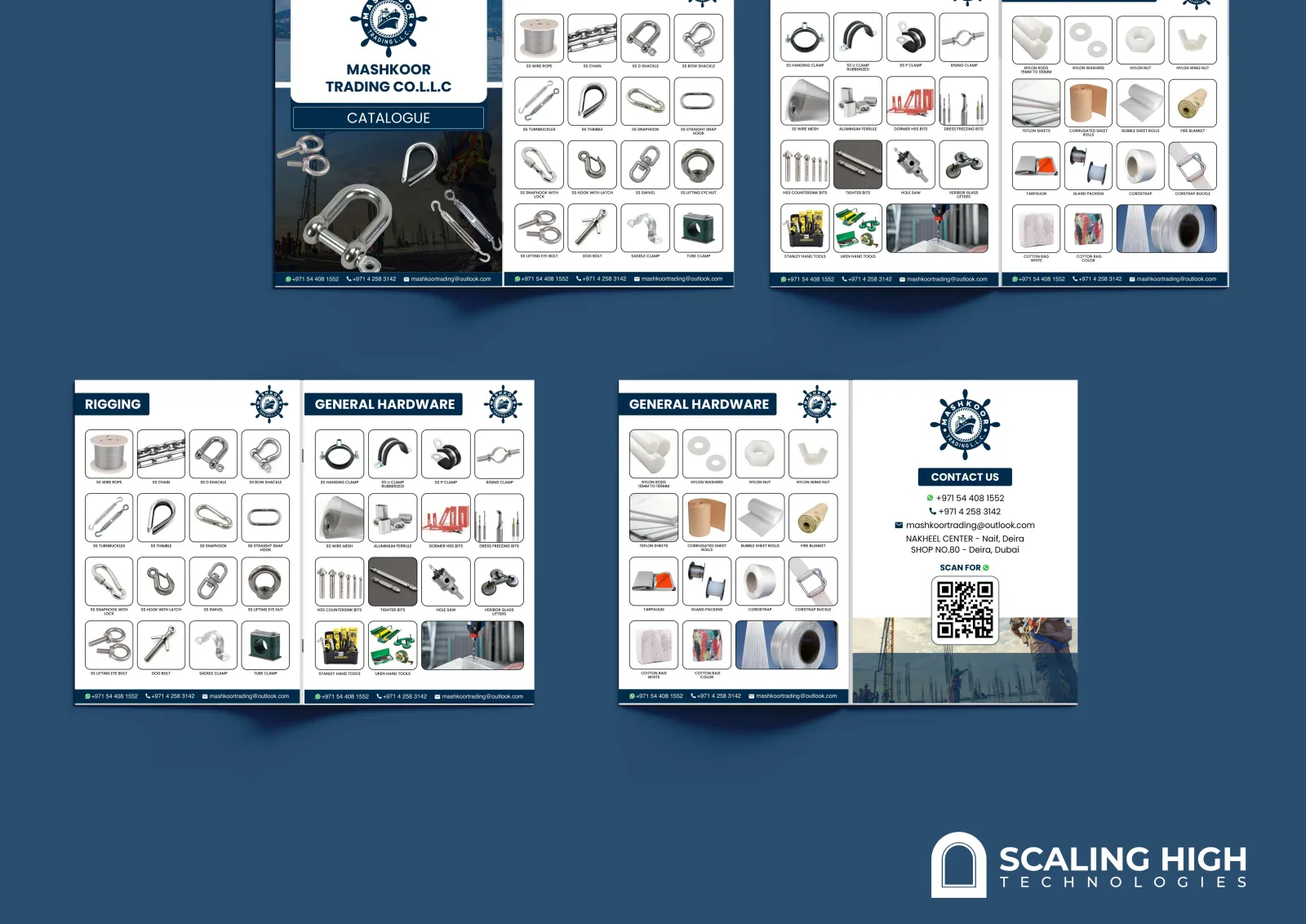 Catalog spread showing rigging hardware (wire rope, shackles, snap hooks) next to a general hardware page with clamps, wire mesh and hand tools.