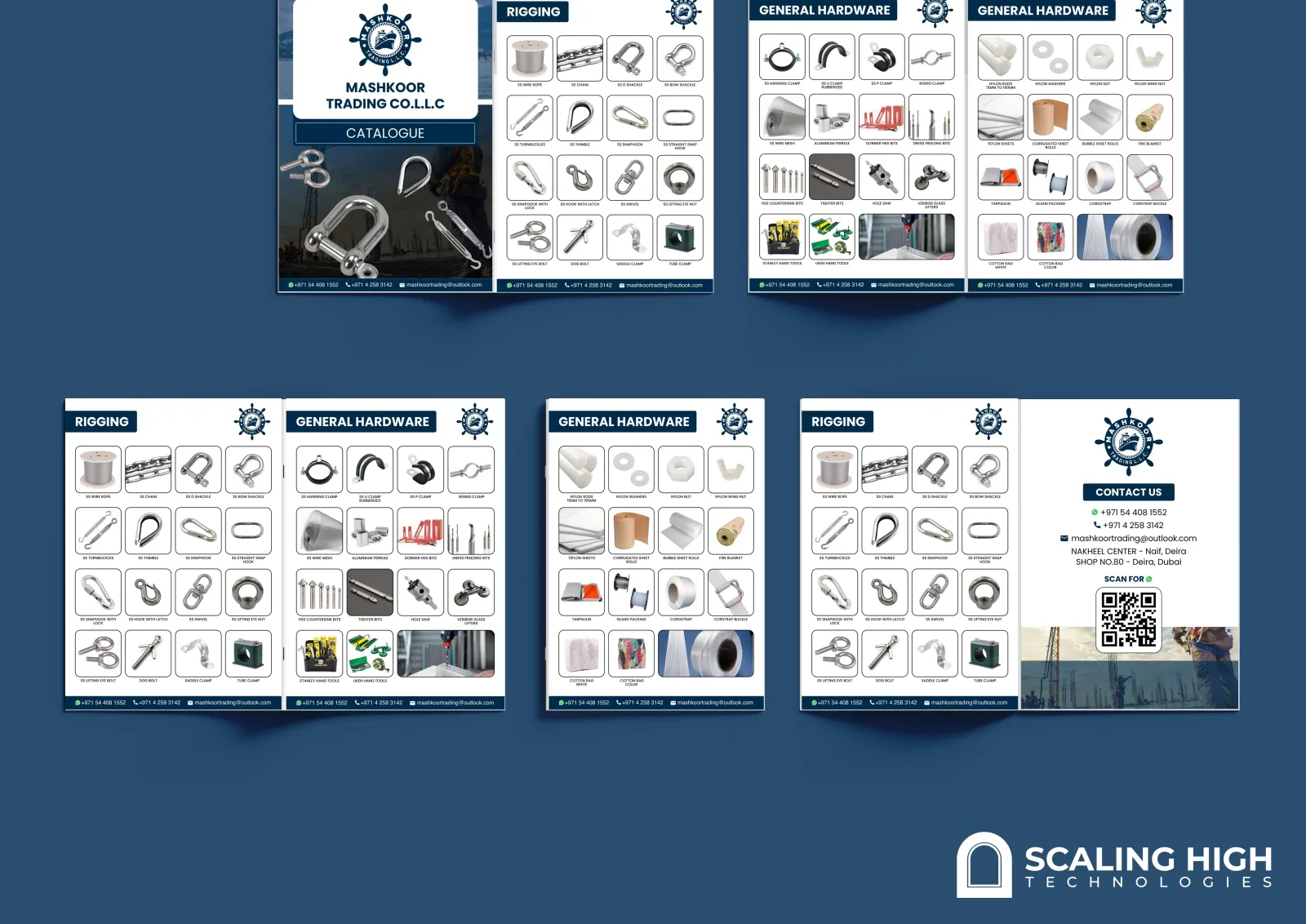 Catalog spread showing plastic fittings and packing materials alongside a contact page with company location and QR codes.