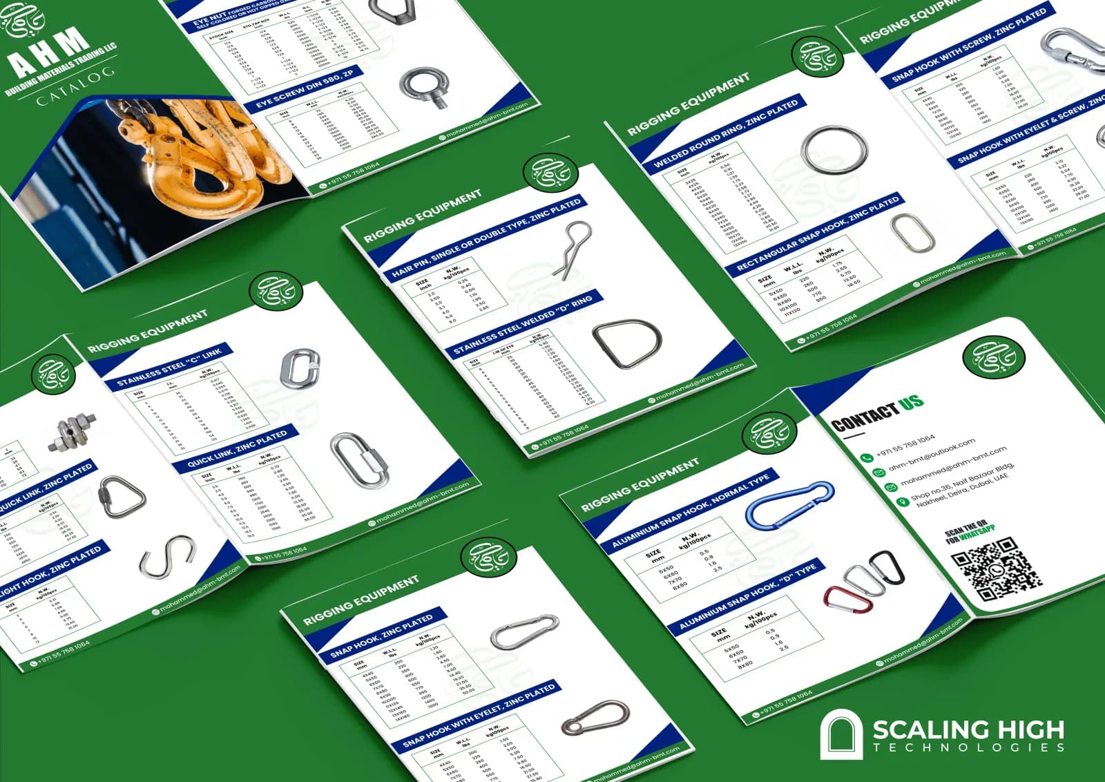 Product catalog cover and company introduction spread for a marine rigging and deck hardware supplier, with rigging hardware icons (shackles, hooks, pulleys) arranged around the logo.
