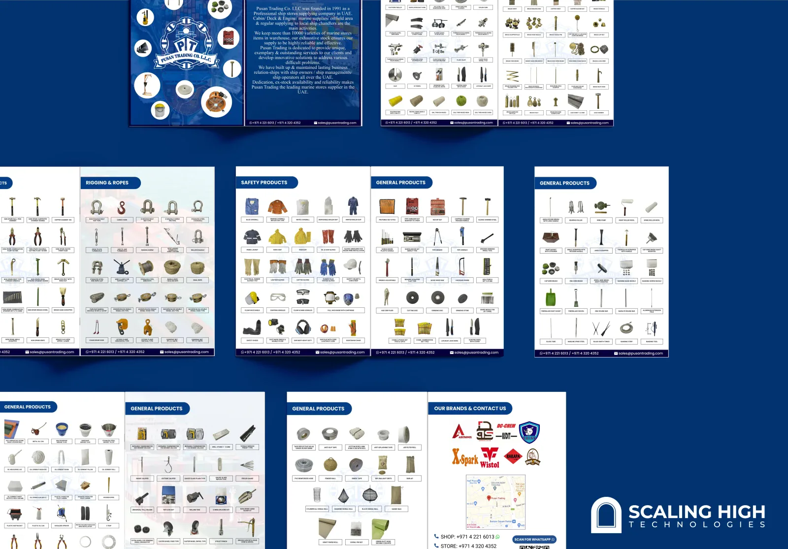 Catalog spread showing lapping and compound products, welding and cutting supplies, power tools, and a closing page with brand partner logos, a location map and contact details.
