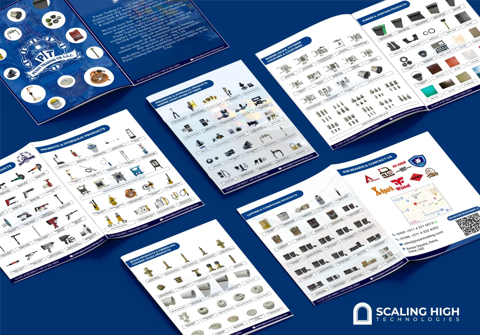 Product catalog cover and company history spread for a multi-category marine ship stores supplier, describing decades of supply to ship owners and operators across the UAE.