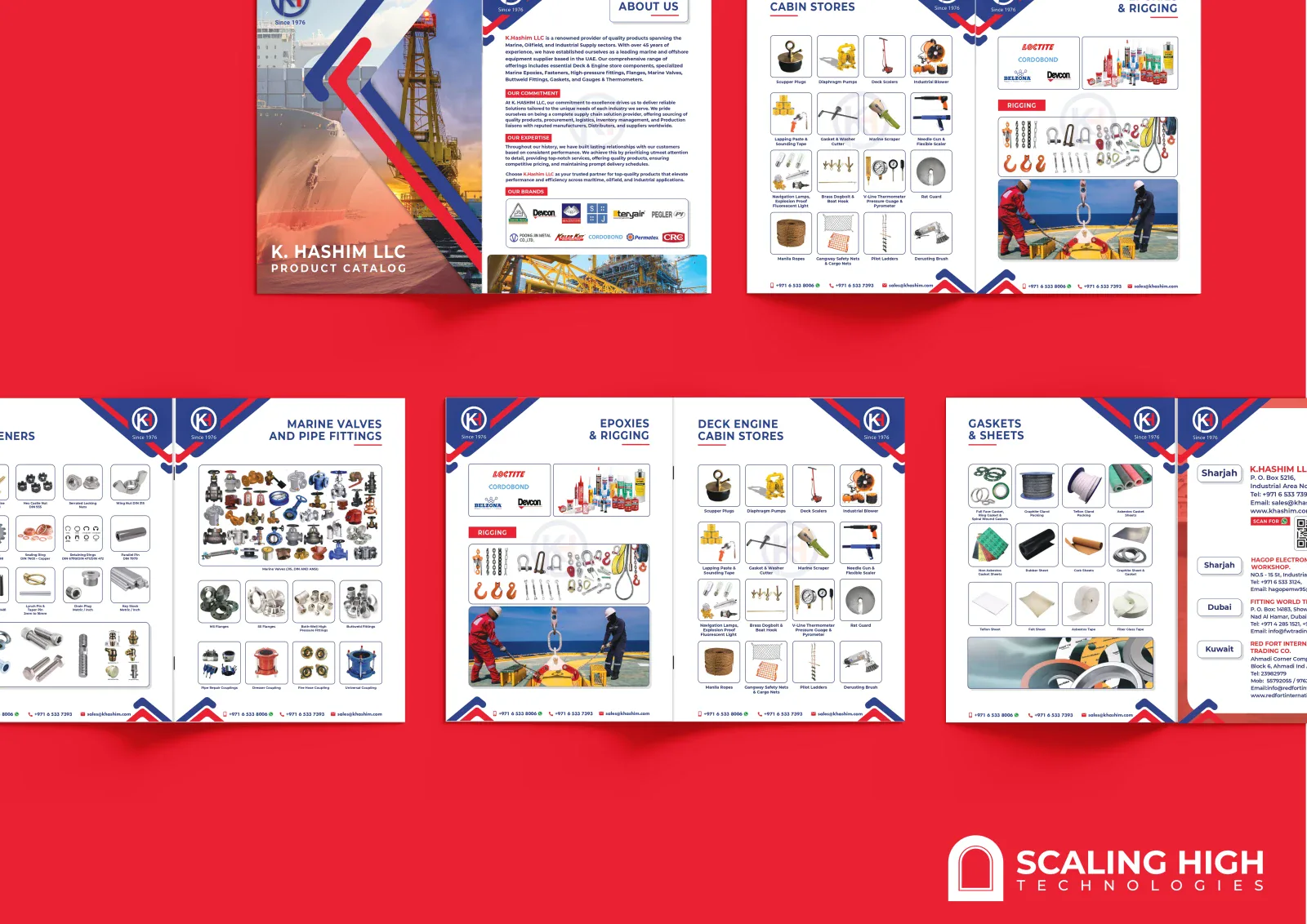 Catalog spread covering deck and engine store items, epoxies and rigging hardware (shackles, hooks, wire rope), gaskets and sheet materials, and a contact page listing multiple regional branch offices.