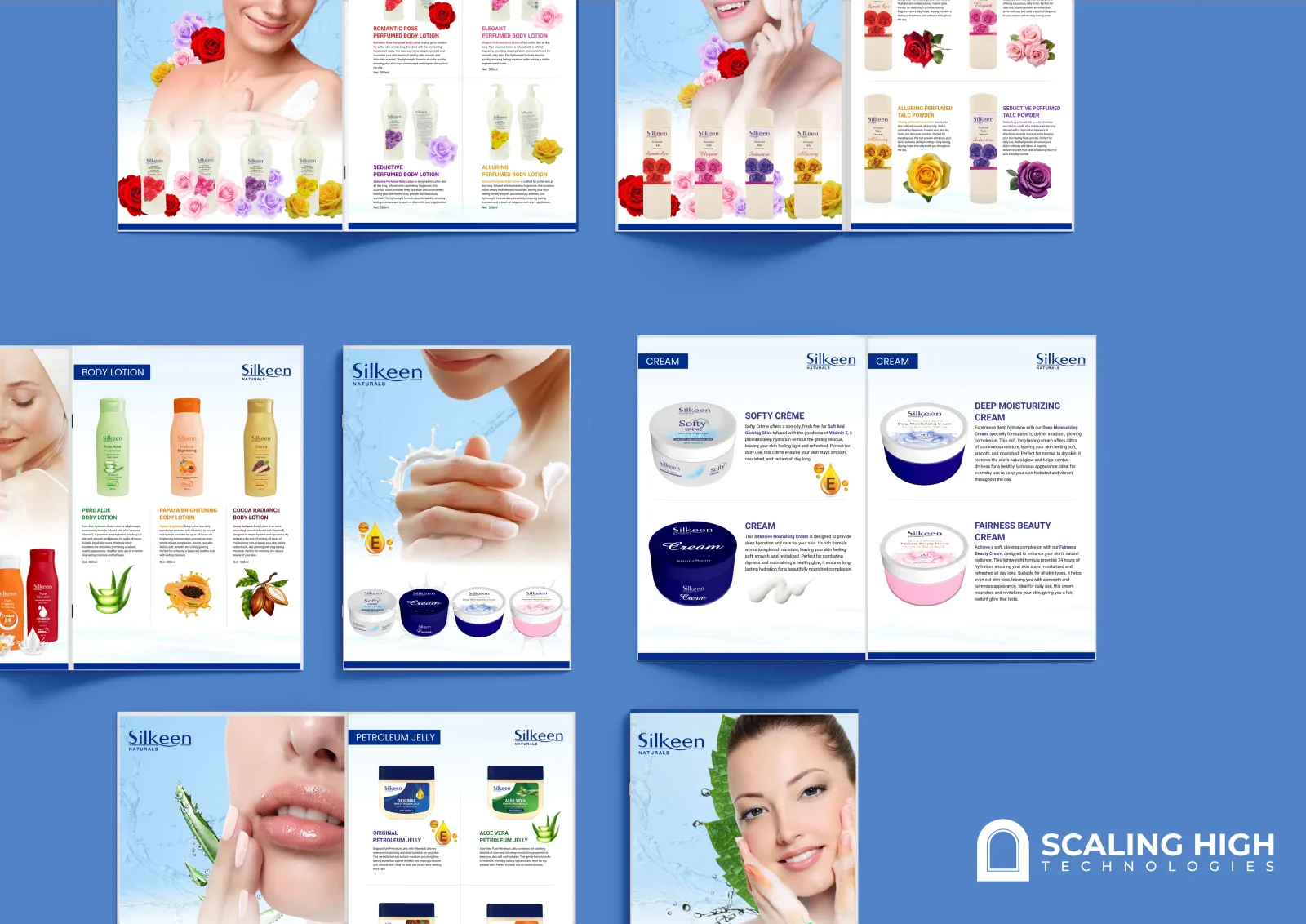 Catalog spread showing a body lotion product line next to a moisturizing cream products page.