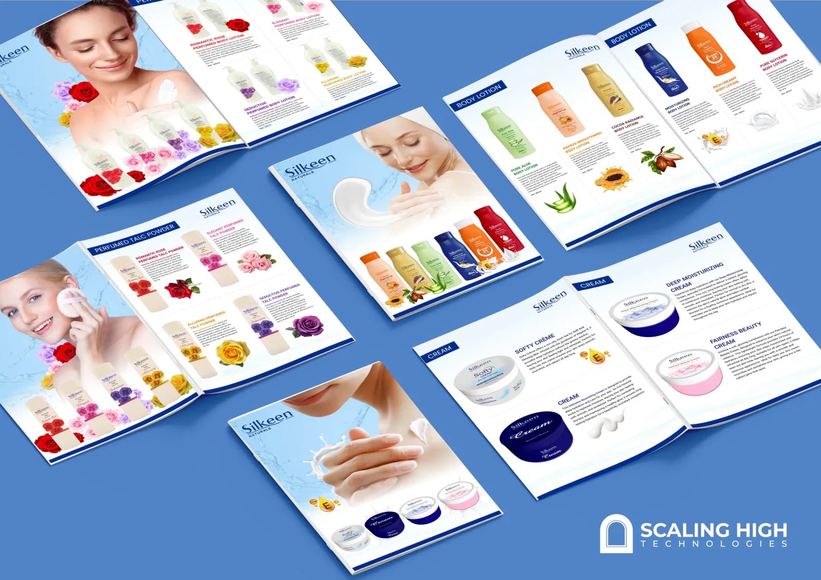 Product catalog spread for a personal care brand showing perfumed body lotion and talc powder products with floral styling and a model applying lotion.