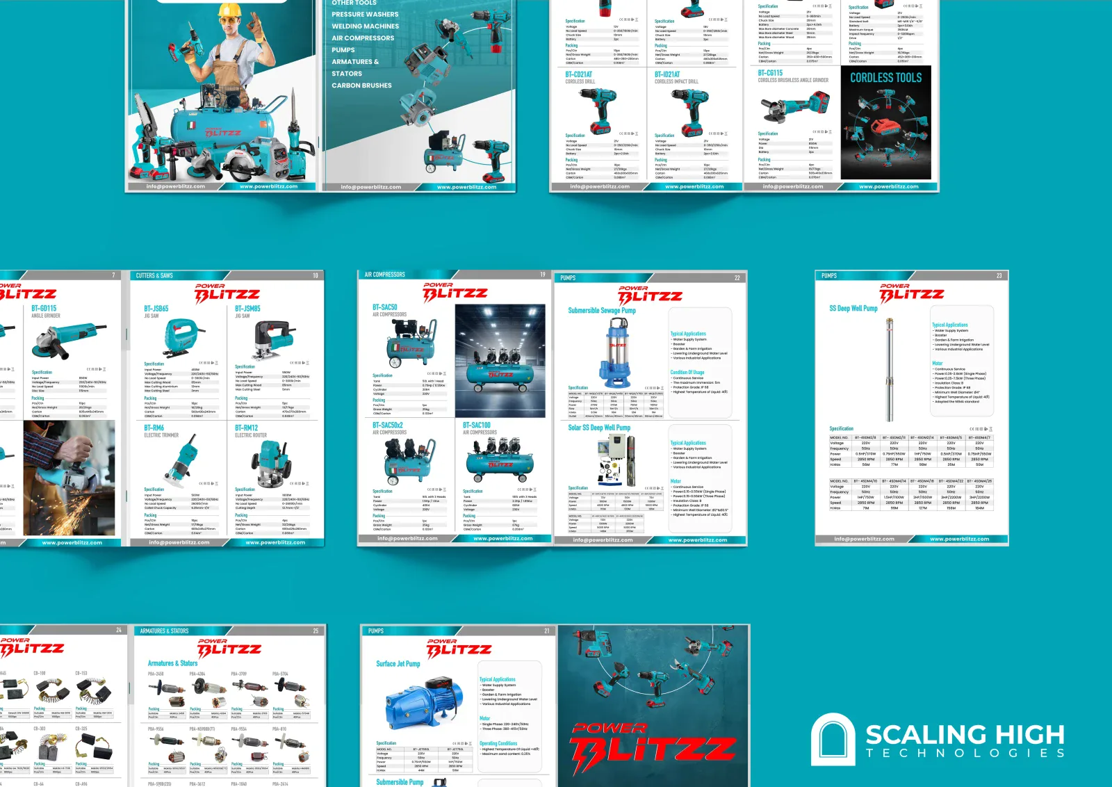 Catalog spread showing air compressors and submersible/deep well water pumps with specification tables.
