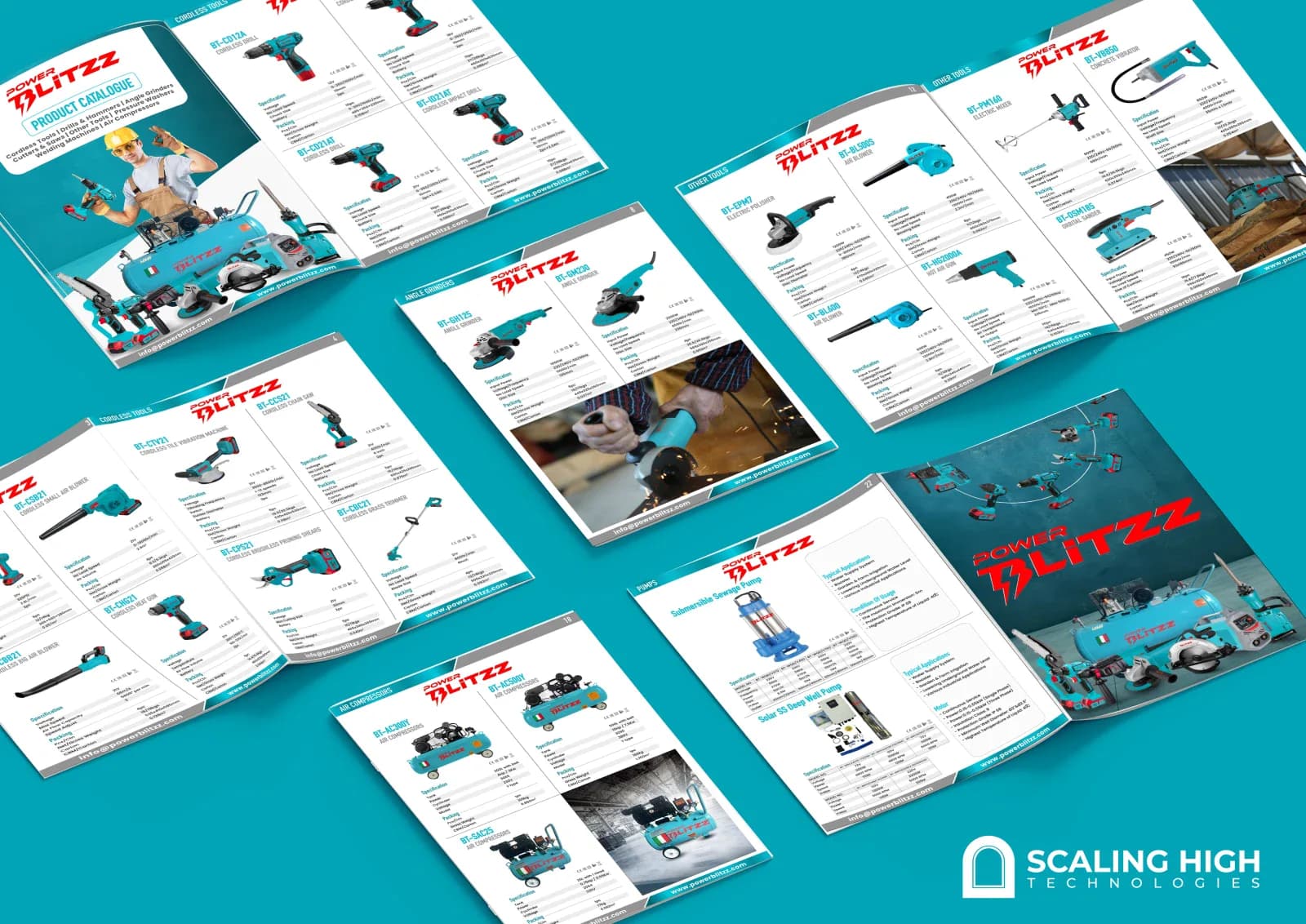 Product catalog cover for an own-brand power tools company, showing a worker with a full range of teal-branded power tools and an air compressor.