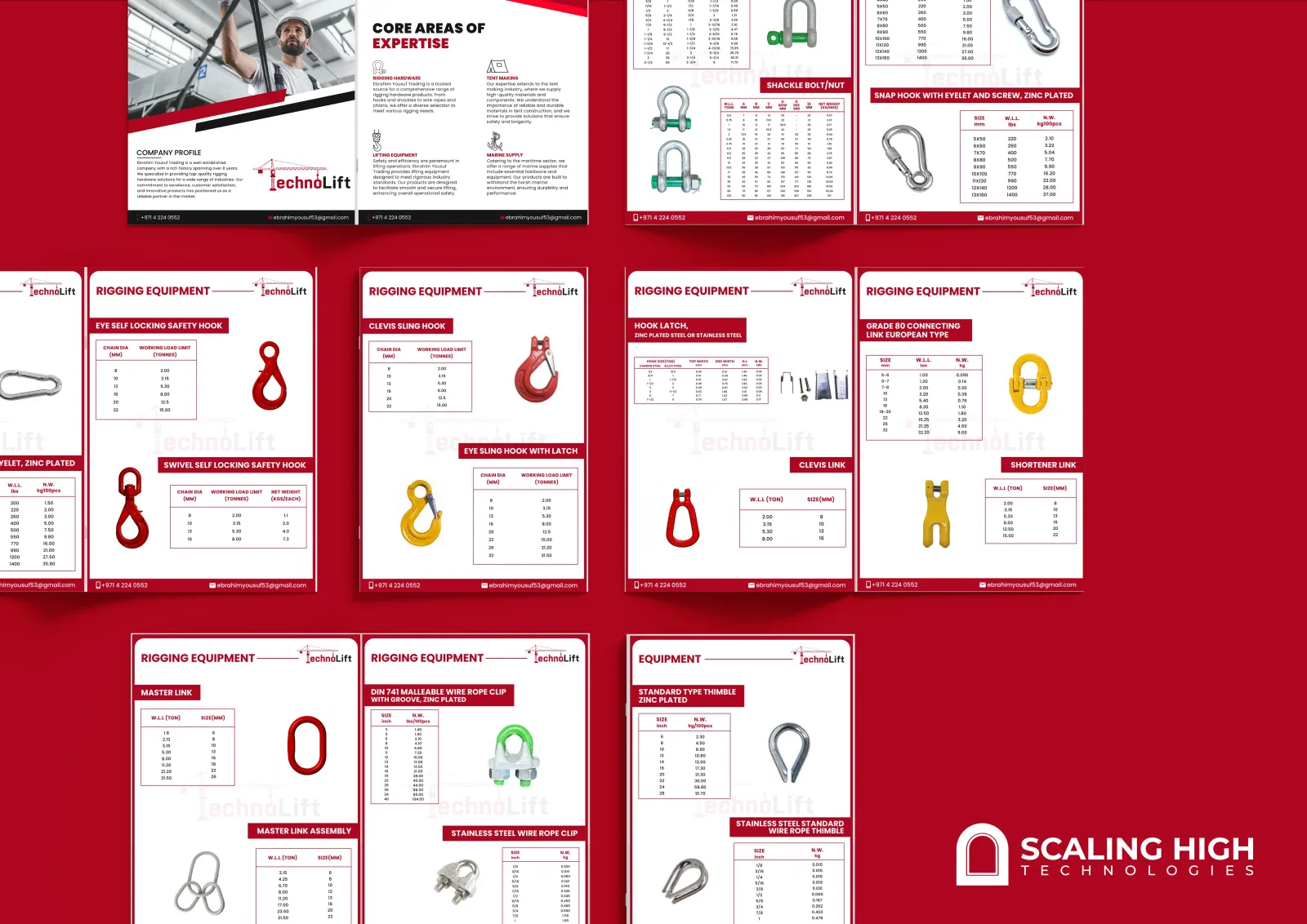 Technical catalog spread showing rigging equipment specification tables and product photos for wire ropes, chains and polyester slings, with load rating data.