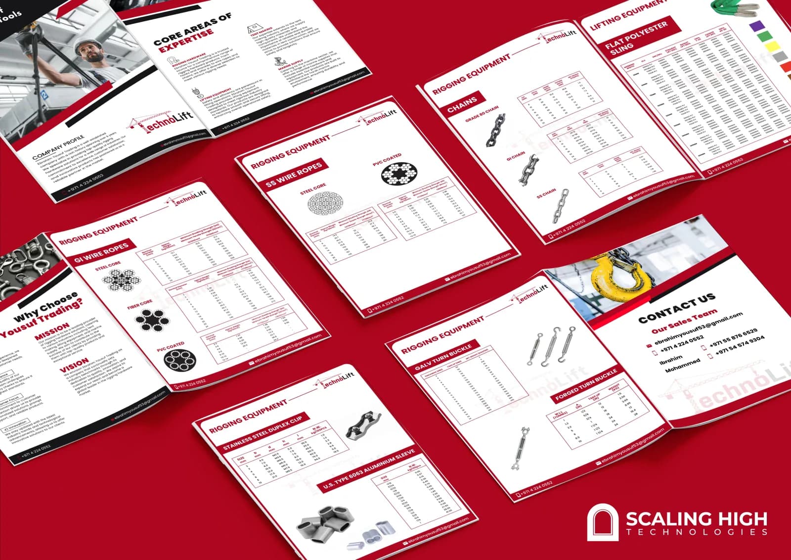 Company profile cover and "core areas of expertise" spread for a rigging hardware and lifting equipment supplier, listing rigging hardware, tent making, lifting equipment and marine supply as focus areas.