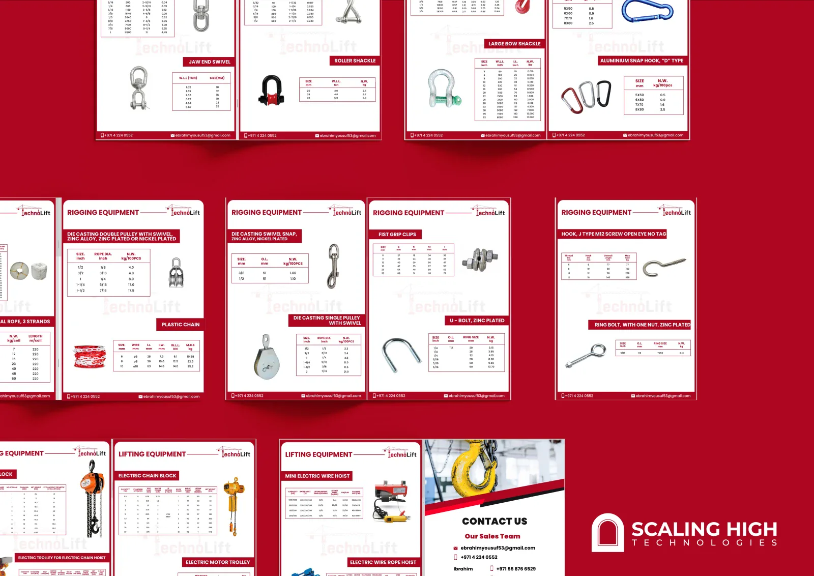 Technical catalog spread showing hooks, shackles, master links and electric lifting equipment with spec tables, closing on a contact page listing the sales team.
