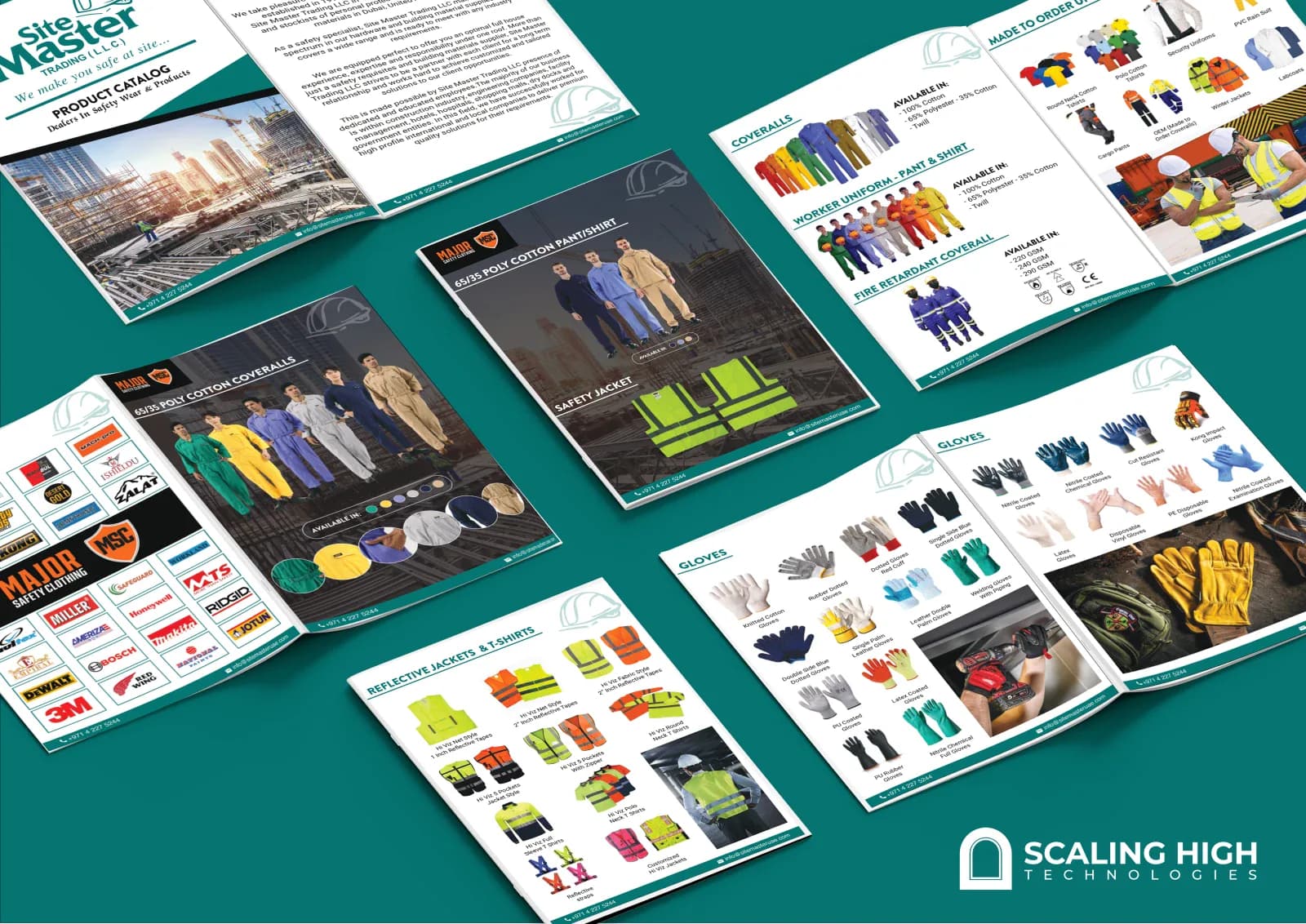 Product catalog cover and about page for a safety wear and PPE supplier, showing a construction site image and the company's brand partner logo wall.