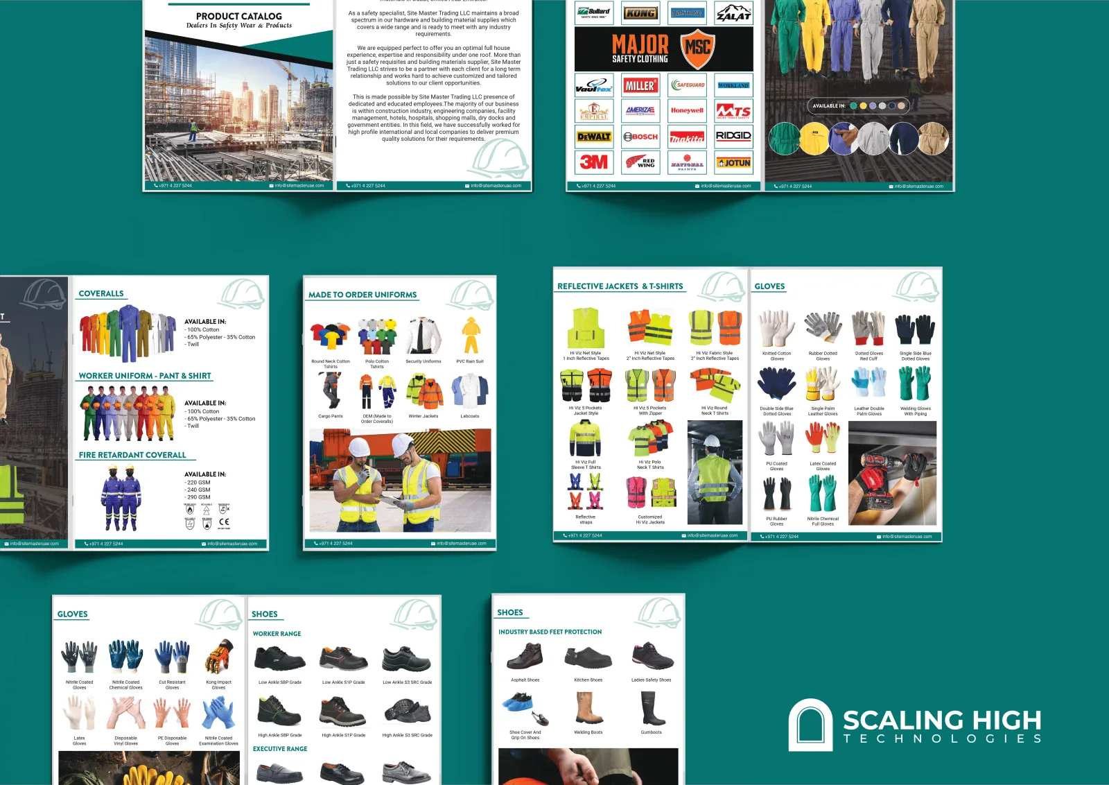 Catalog spread showing poly cotton coveralls and worker uniforms in multiple colors, alongside a made-to-order uniforms and safety jacket page.