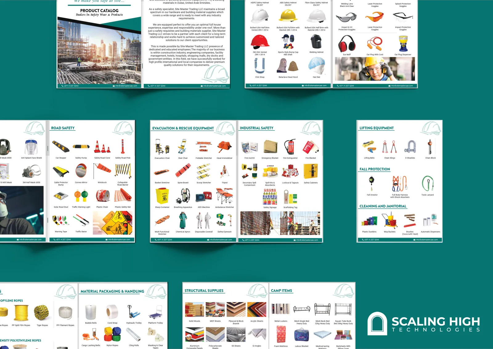 Catalog spread showing protective gloves in various materials next to a reflective safety jackets and hi-viz t-shirts page.