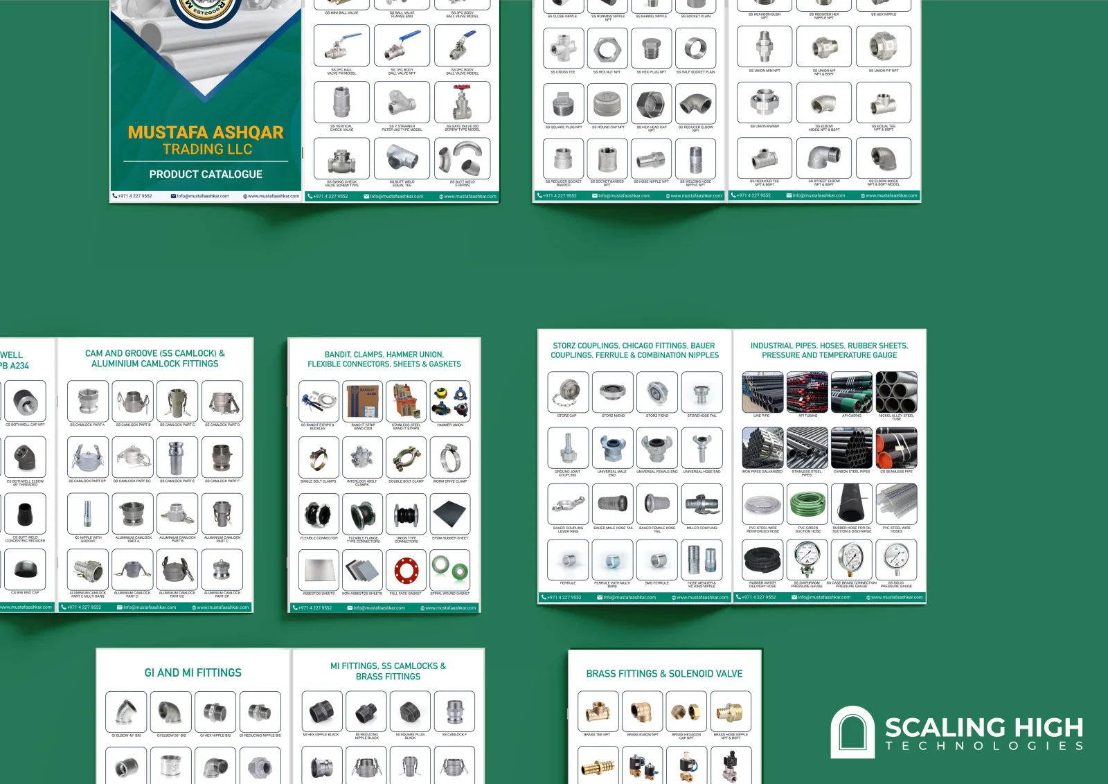 Catalog spread showing camlock and aluminium camlock fittings alongside a flanges, bronze valves and pneumatic fittings page.