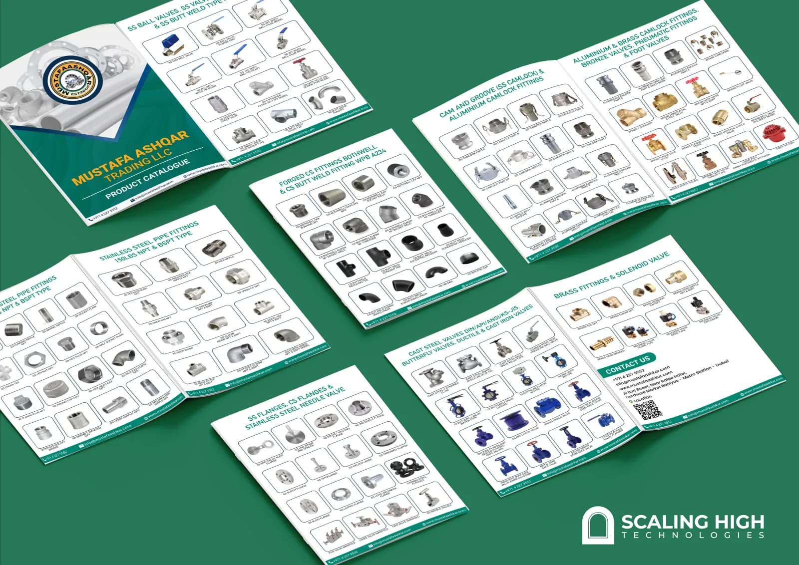 Product catalog cover for a valves, pipe fittings and industrial piping supplier, established 2004, showing pipe and fitting product photography.