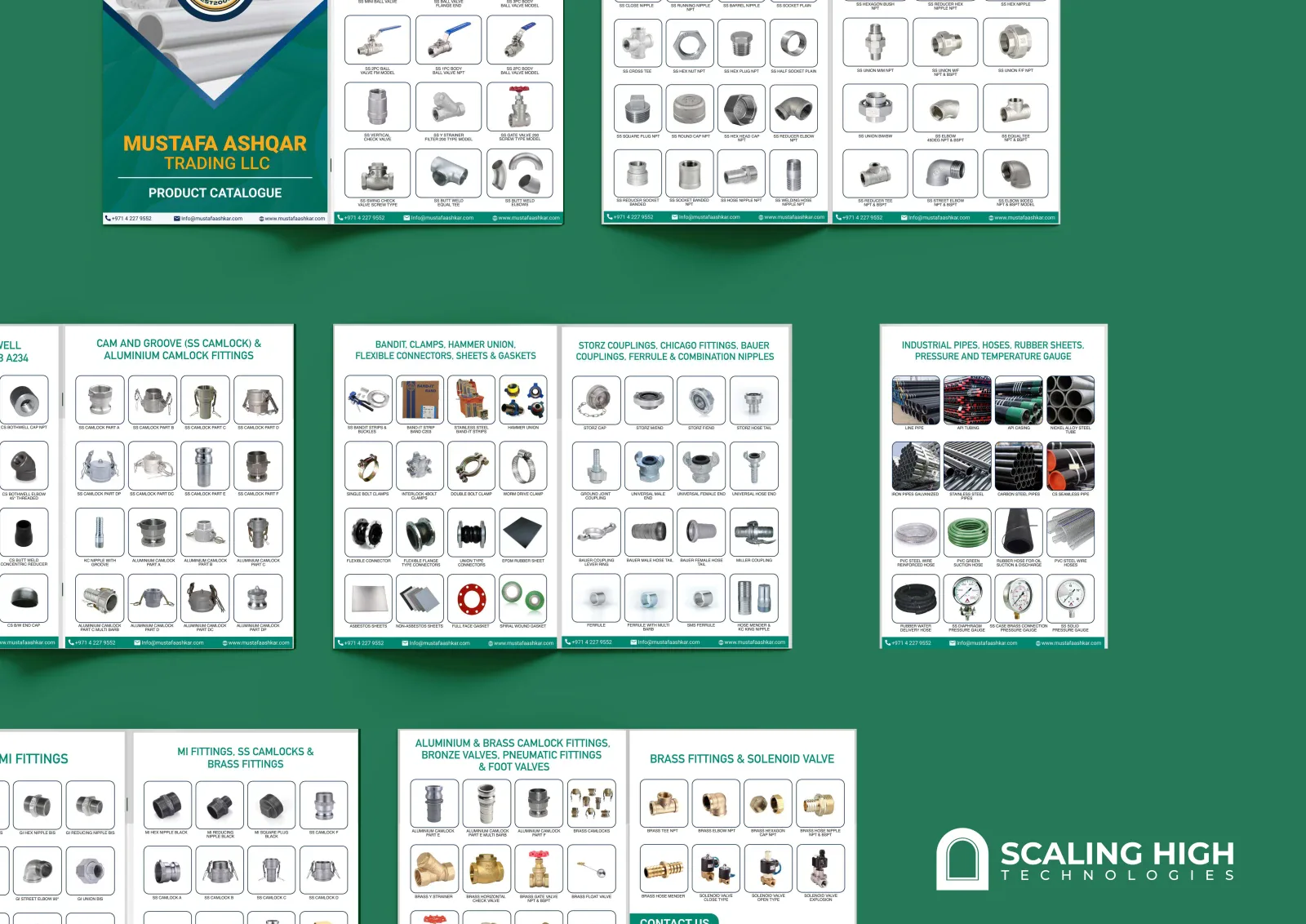 Catalog spread showing stainless steel pipe fittings (150lbs NPT and BSPT type) in a labeled product grid.