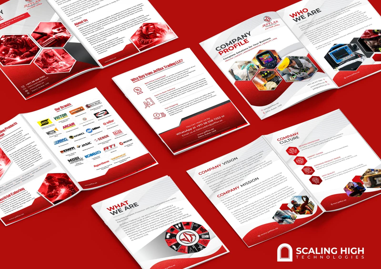 Company profile cover and about us spread for a welding consumables and PPE supplier, showing welders at work in red-toned photography.