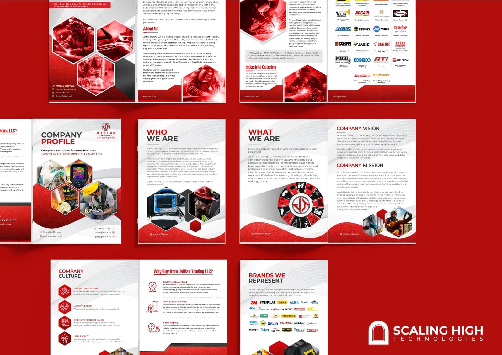 Company profile spread listing welding equipment categories and a wall of welding machine and consumable brand logos (Kemppi, Miller, Kobelco and others).