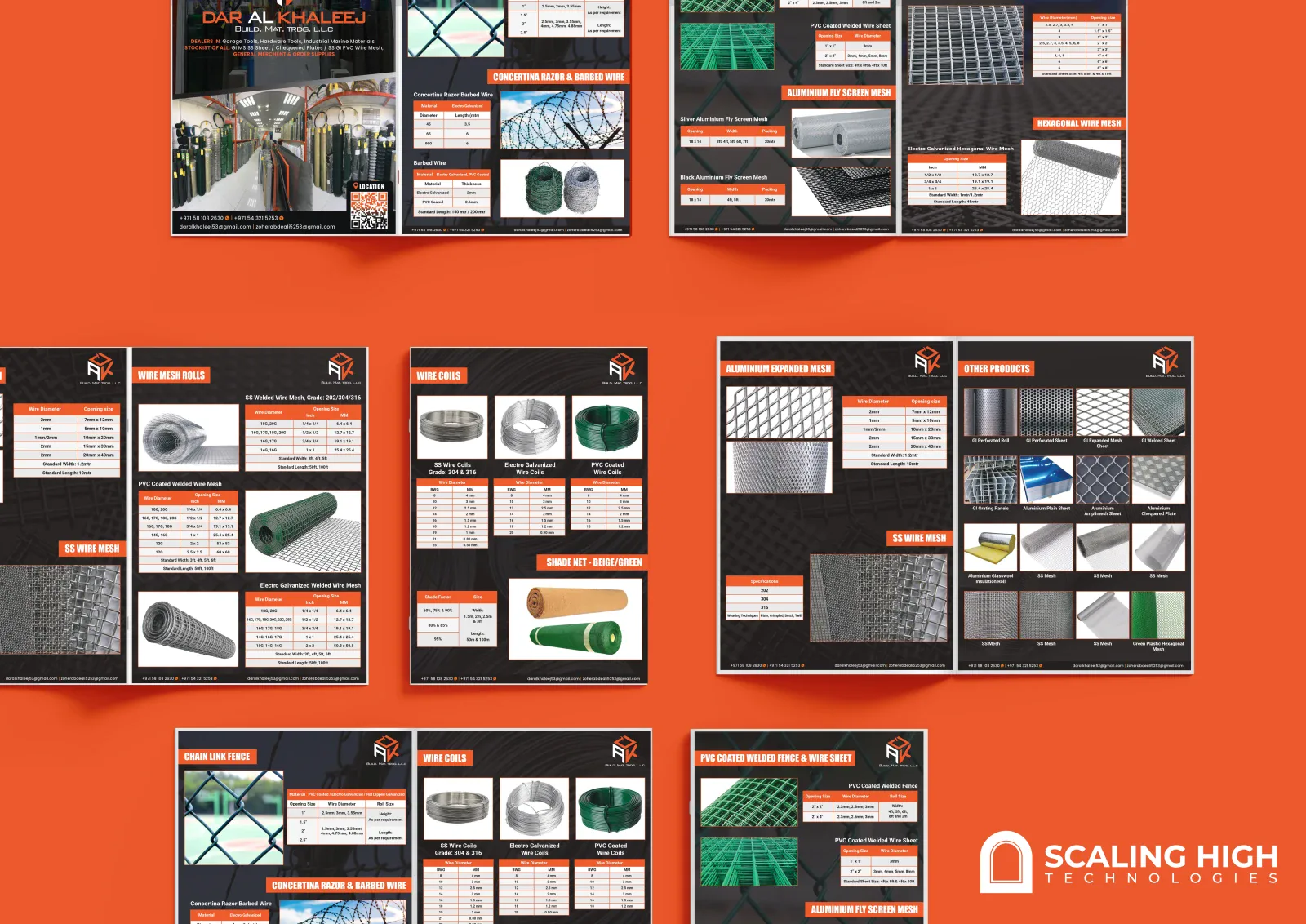 Catalog spread showing chain link fencing and razor/barbed wire products in a labeled product grid.