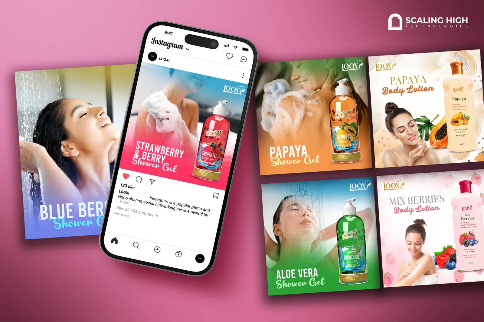 Phone mockup and desktop post layout for a beauty and personal care brand featuring a strawberry and berry shower gel post on an Instagram phone screen alongside papaya shower gel, papaya body lotion, aloe vera shower gel, and mix berries body lotion product posts, each with a model shown using the product