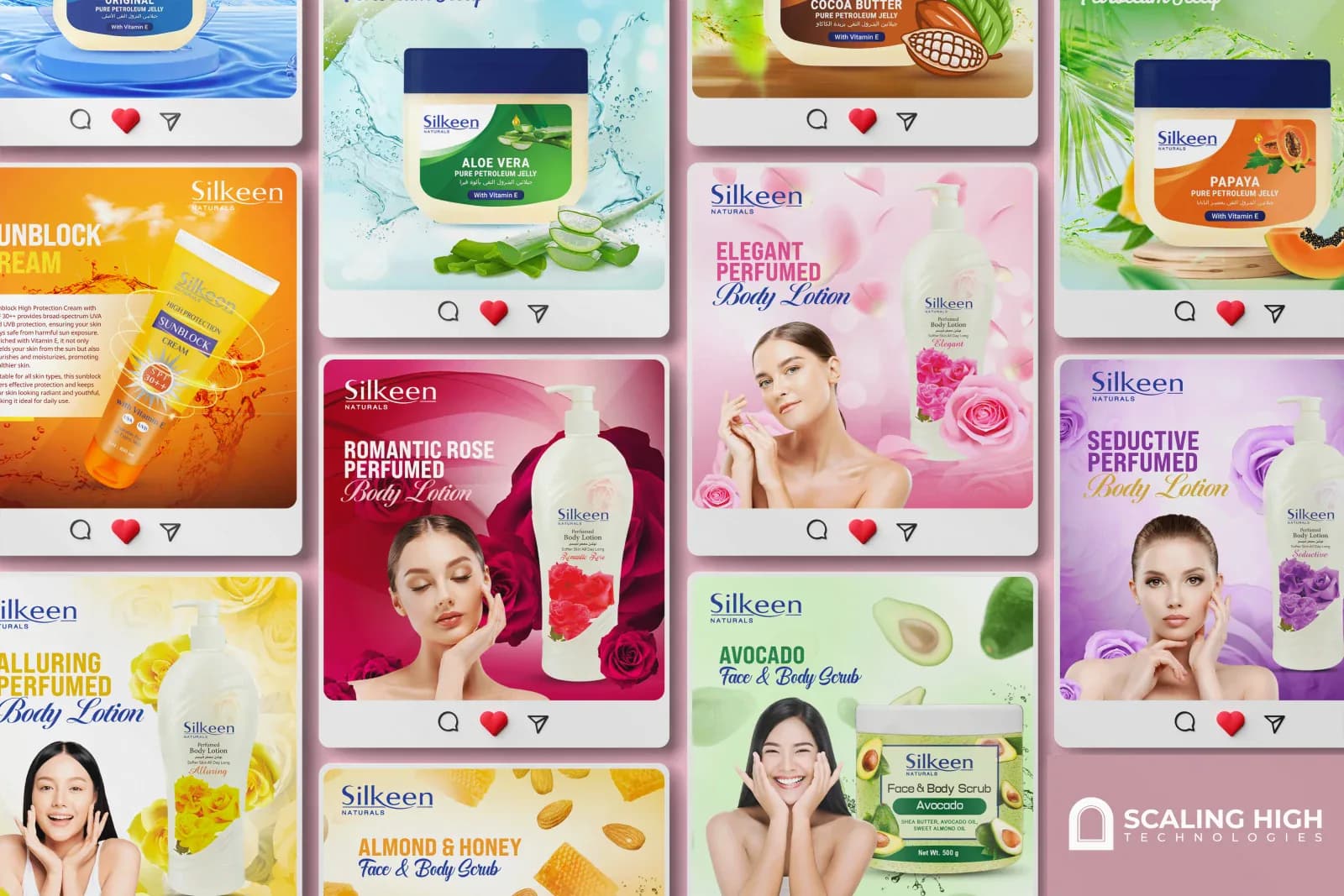 Instagram post grid for a skincare brand showing posts for original petroleum jelly, sunblock cream, aloe vera petroleum jelly, cocoa butter petroleum jelly, papaya petroleum jelly, romantic rose perfumed body lotion, elegant perfumed body lotion, and seductive perfumed body lotion, each paired with ingredient close-up imagery