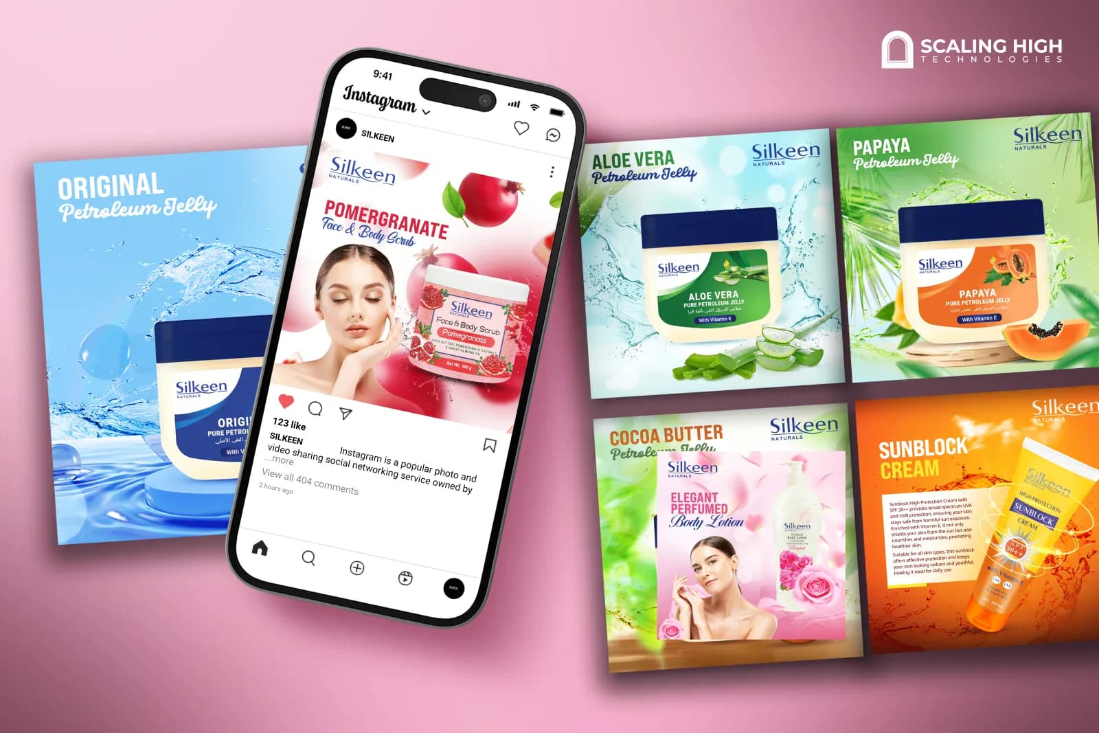 Phone mockup and desktop post layout for a skincare brand featuring a pomegranate face and body scrub post on an Instagram phone screen alongside aloe vera petroleum jelly, papaya petroleum jelly, cocoa butter petroleum jelly, and sunblock cream product posts with fruit and botanical styling