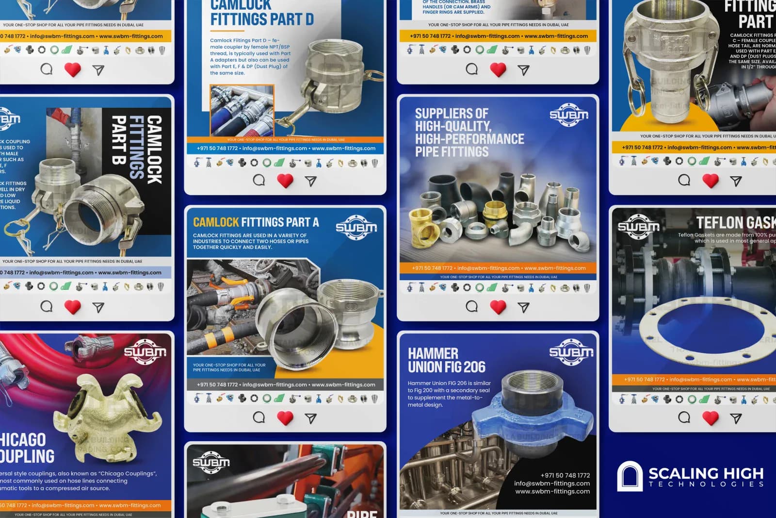 Instagram post grid for a camlock pipe fittings supplier showing posts for Camlock Fittings Part D, Part B, and Part A each with explanatory text, a Chicago coupling, a general pipe fittings assortment post, a Teflon gasket, a hammer union, and a camlock fitting part, on a blue and orange branded template
