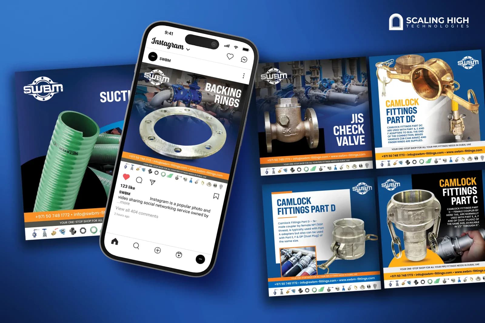 Phone mockup and desktop post layout for a camlock pipe fittings supplier featuring a backing ring post on an Instagram phone screen alongside a JIS check valve, Camlock Fittings Part DC, Part D, and Part C product posts, each with a short explanation of how that fitting part is used