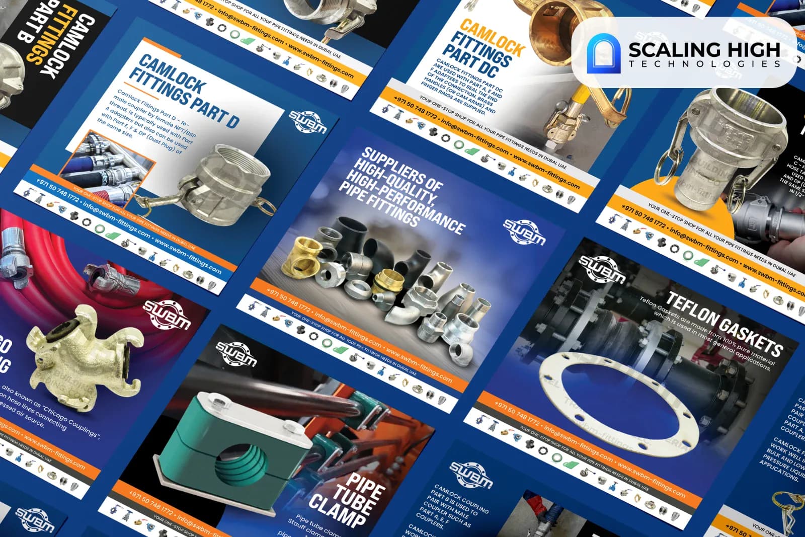 Angled overhead view of a camlock pipe fittings supplier's social post catalogue showing Camlock Fittings Part B, Part DC, Part D, a general pipe fittings assortment, a Teflon gasket, and a pipe tube clamp arranged diagonally on a blue background