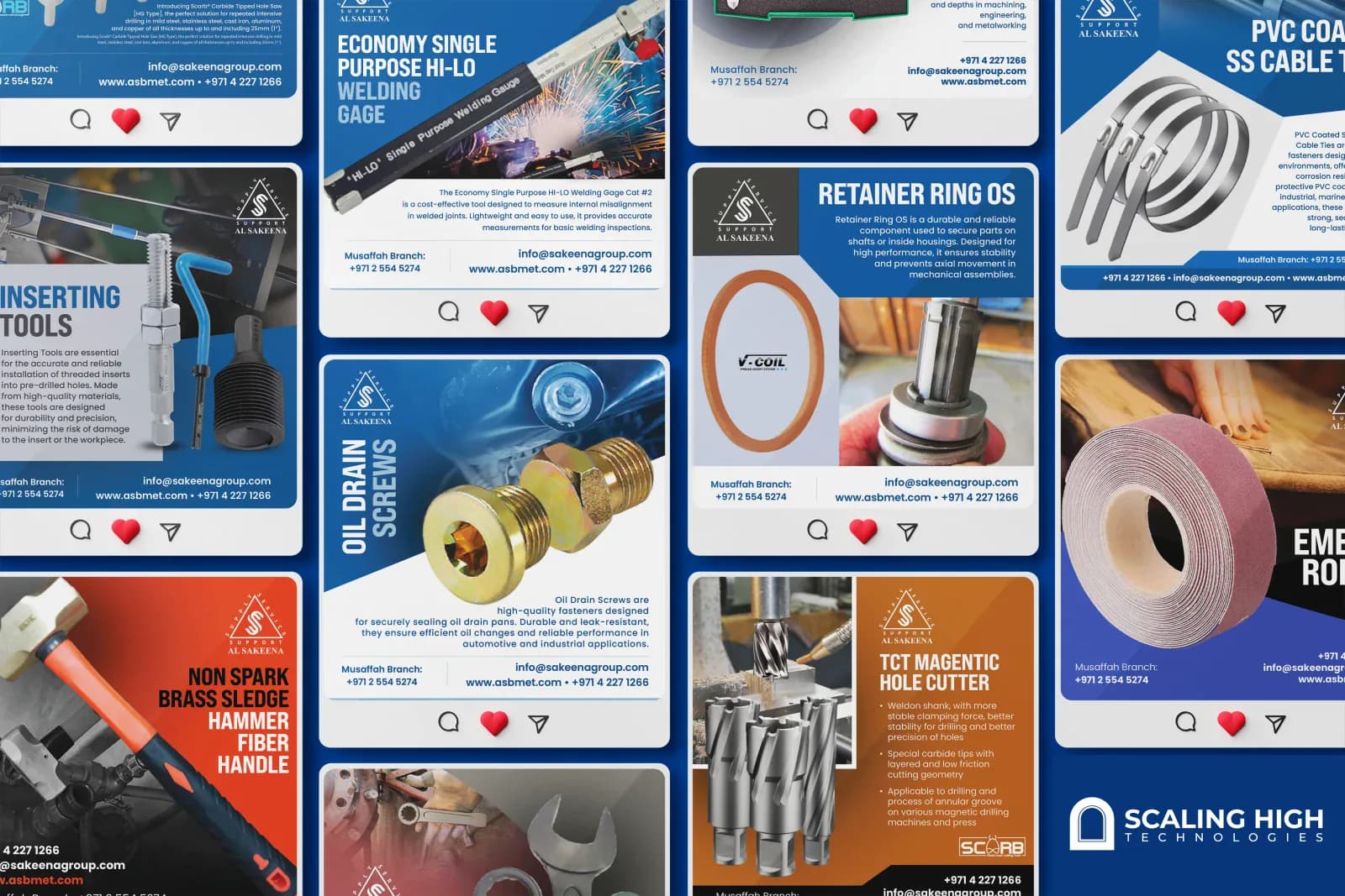 Instagram post grid for an engineering supplies brand showing posts for an economy welding gauge, inserting tools, oil drain screws, non-spark brass sledgehammer, retainer ring, PVC-coated cable ties, and a TCT magnetic hole cutter, on a navy blue branded template