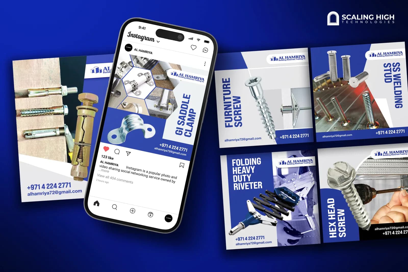 Phone mockup and desktop post layout for a fasteners and fixings supplier featuring a GI saddle clamp post on an Instagram phone screen alongside furniture screw, stainless steel welding stud, folding heavy duty riveter, and hex head screw product posts