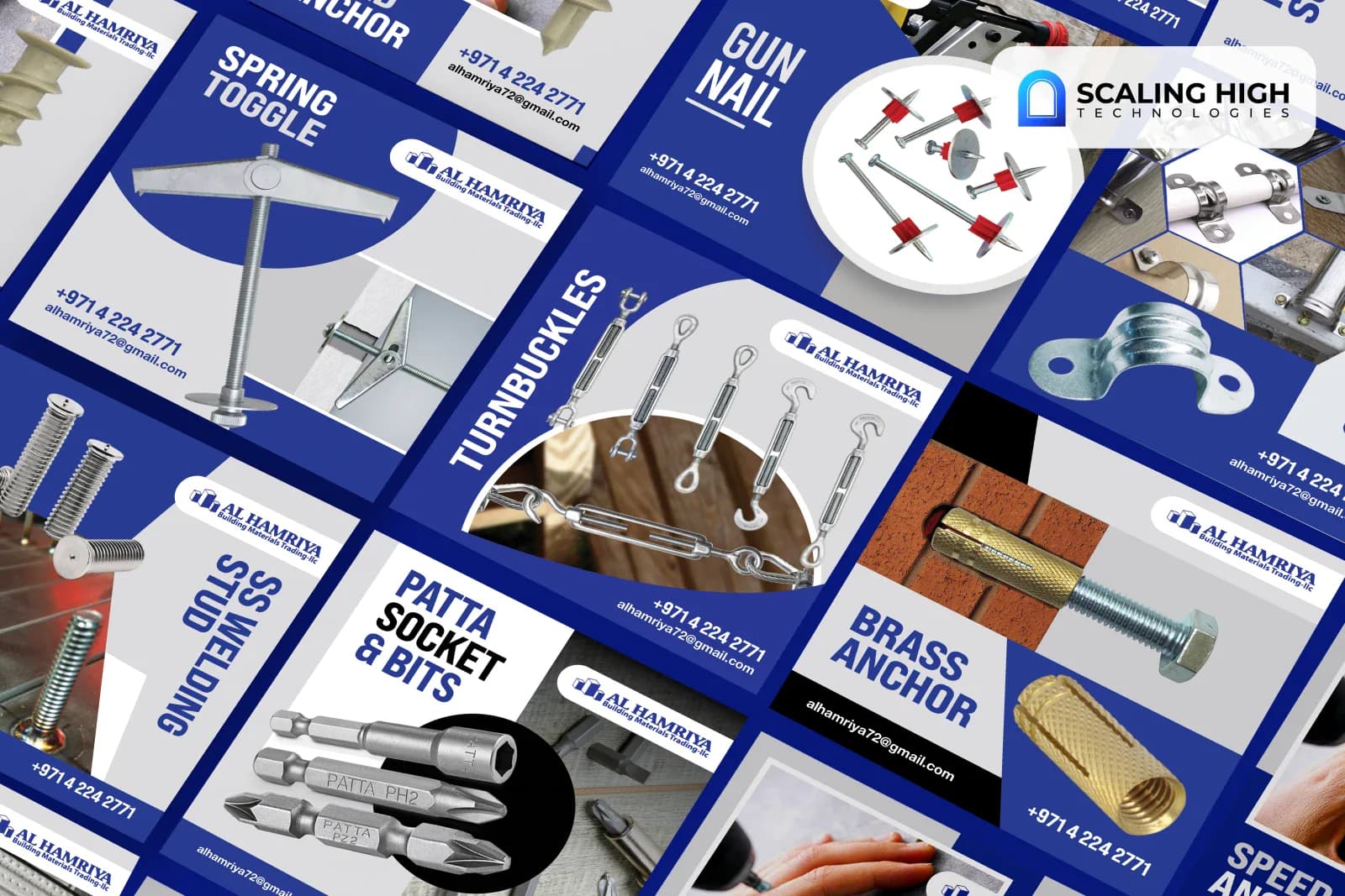 Angled overhead view of a fasteners and fixings supplier's social post catalogue showing spring toggle, gun nail, turnbuckles, stainless steel welding stud, patta socket bits, saddle clamp, and brass anchor posts arranged diagonally on a blue background
